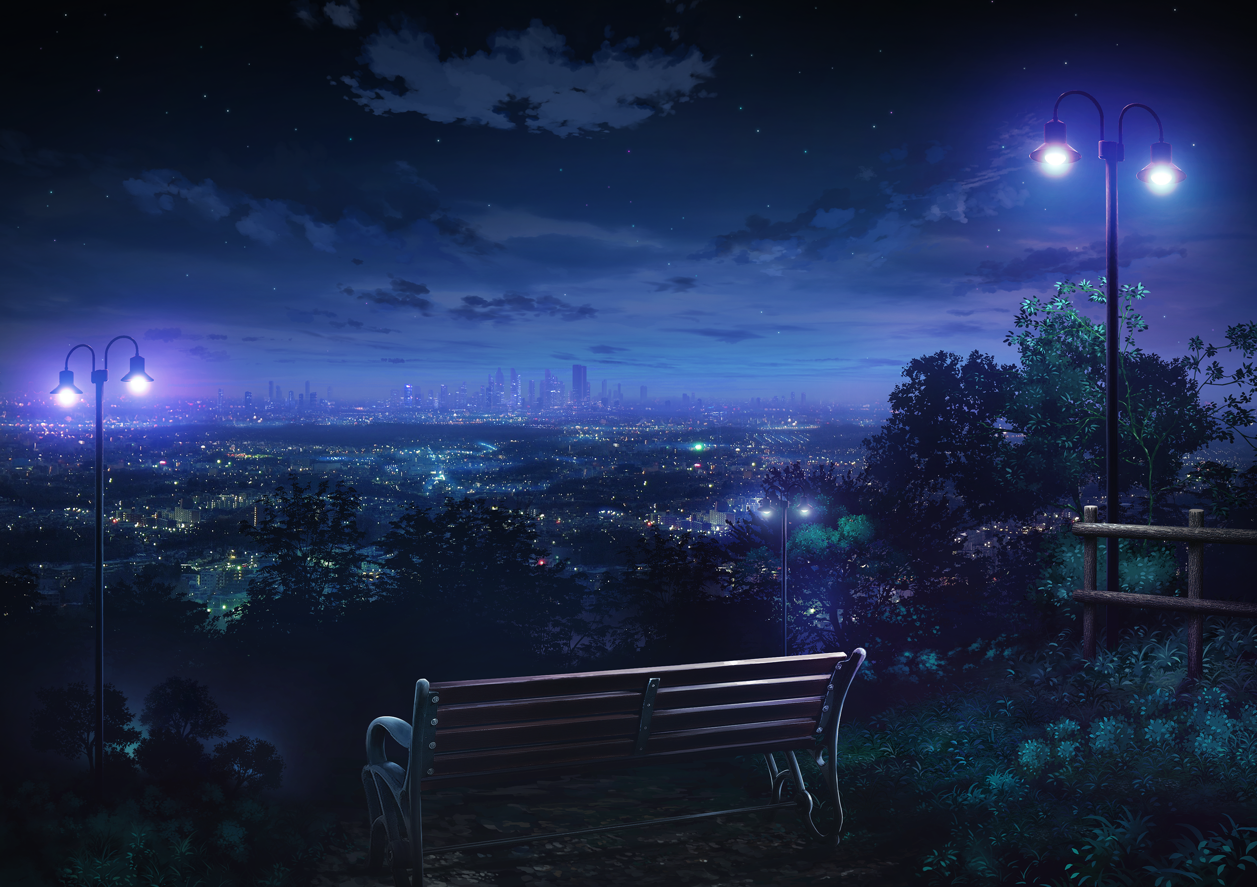 Anime 2522x1781 anime bench cityscape skyline night park hills