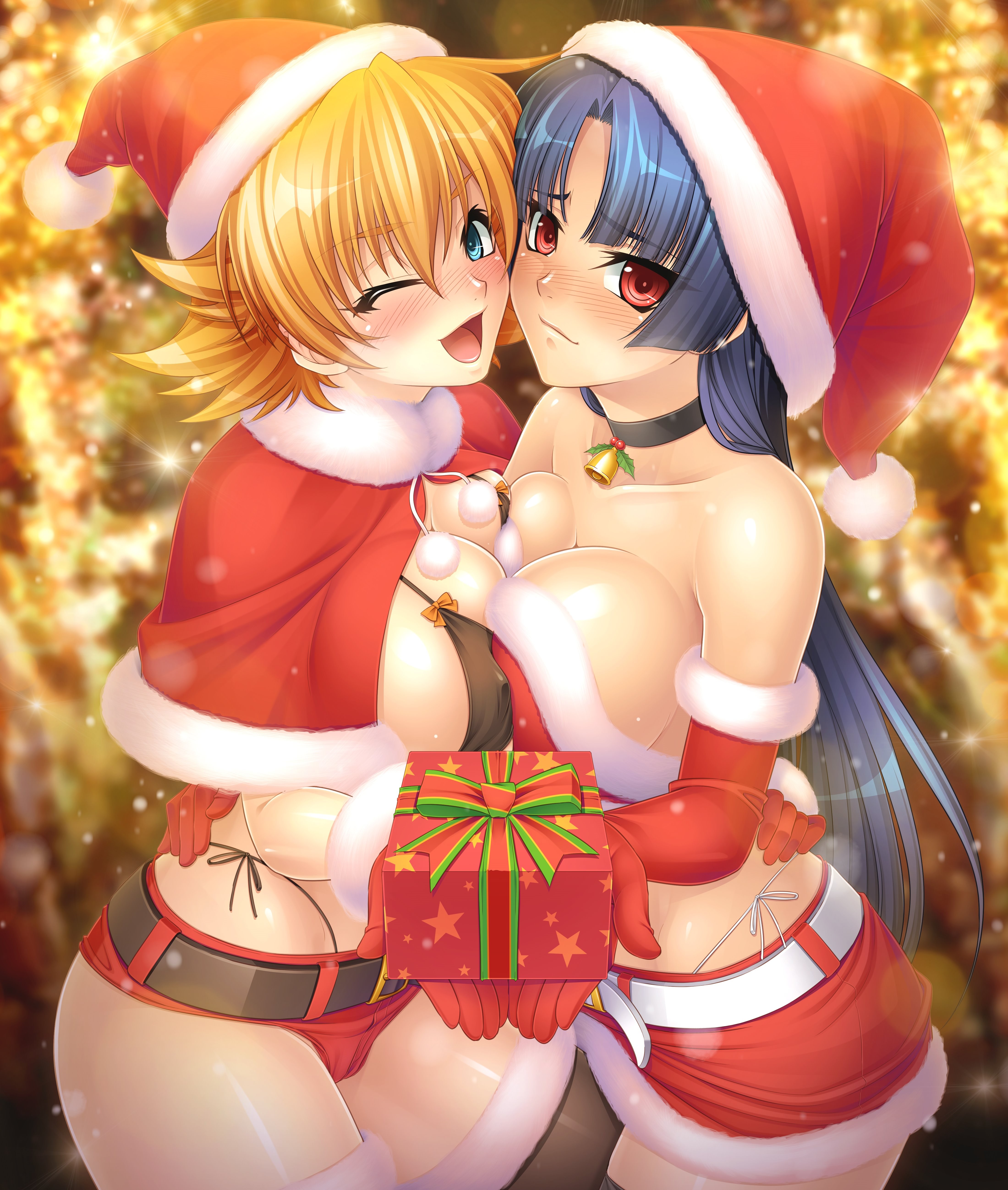 Anime 4400x5196 Taimanin Asagi Igawa Sakura bikini cleavage Christmas anime girls anime boobs big boobs open mouth Santa hats red eyes one eye closed curvy Christmas Lingerie lingerie boobs on boobs two women