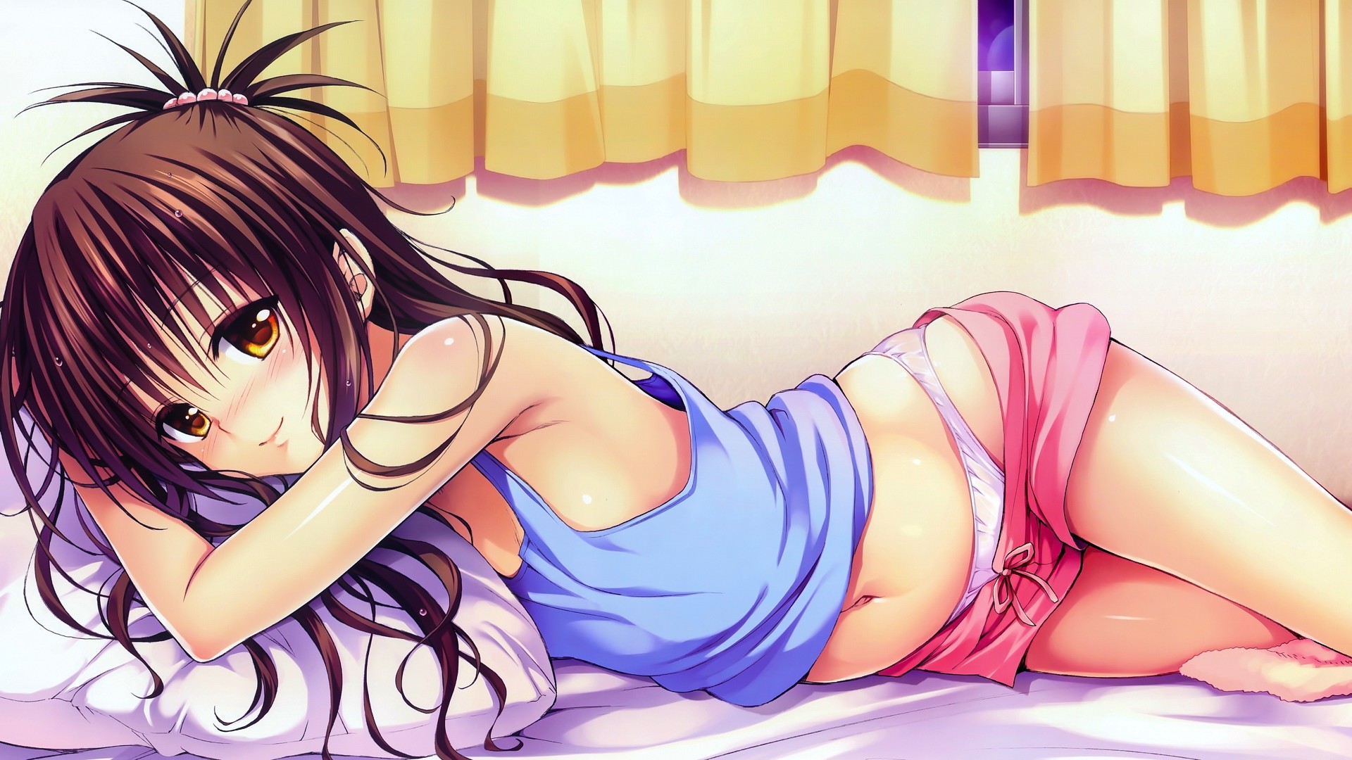 Anime 1920x1080 anime anime girls panties To Love-ru Yuuki Mikan in bed Shimanto Shisakugata no bra short shorts belly tank top lying down smiling brunette long hair