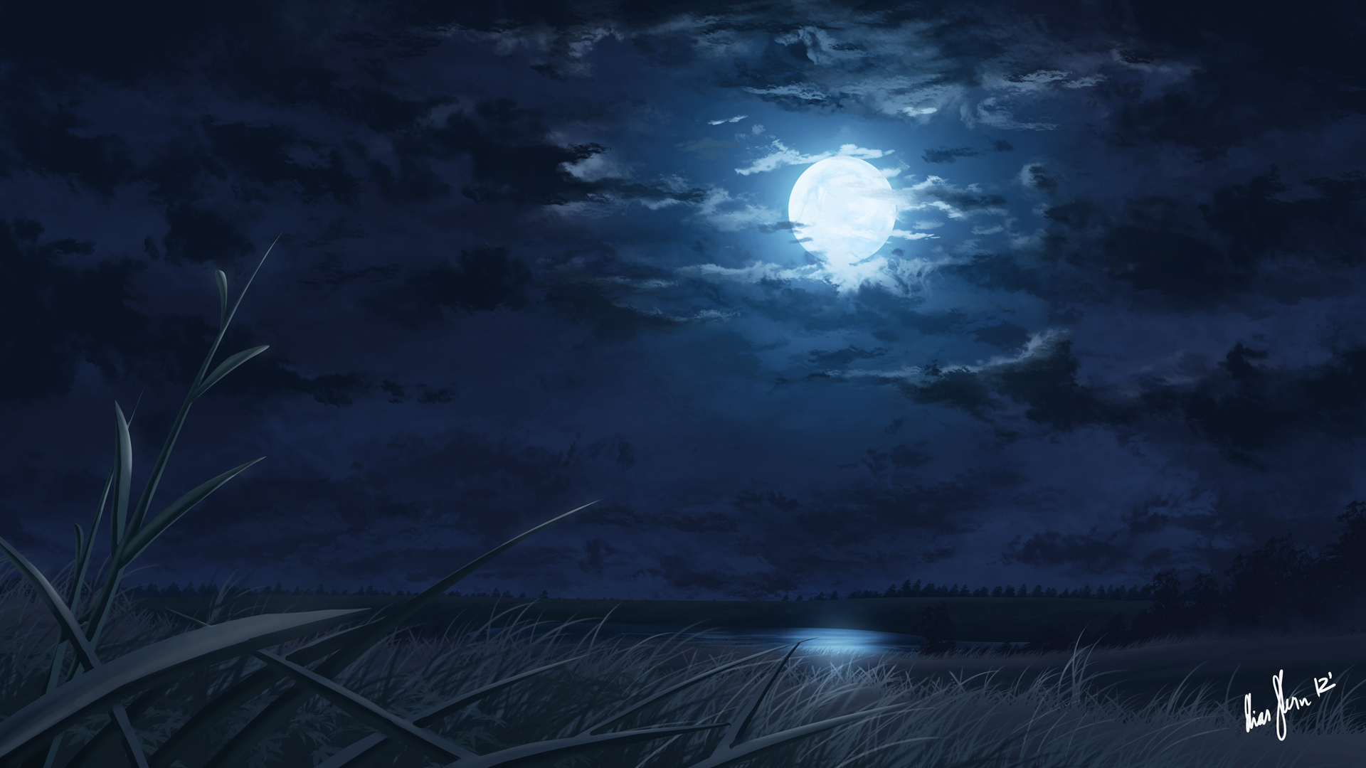 General 1920x1080 night Moon moonlight lake reeds landscape digital art full moon