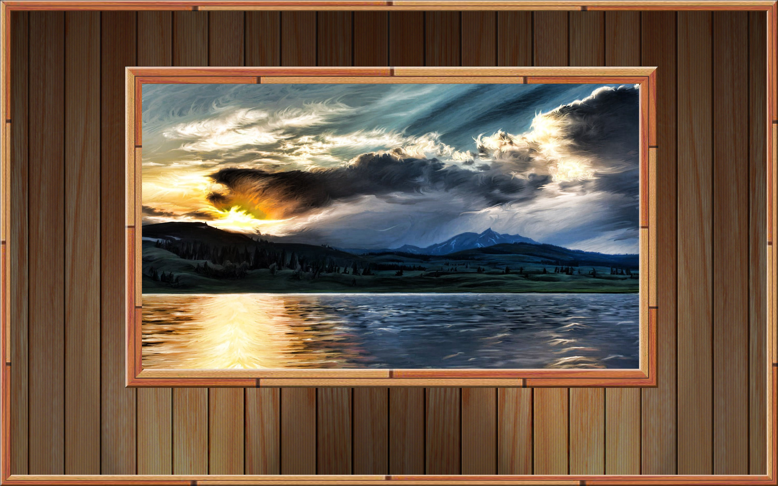 General 2560x1600 wall planks wooden surface painting sea mountains sunset landscape