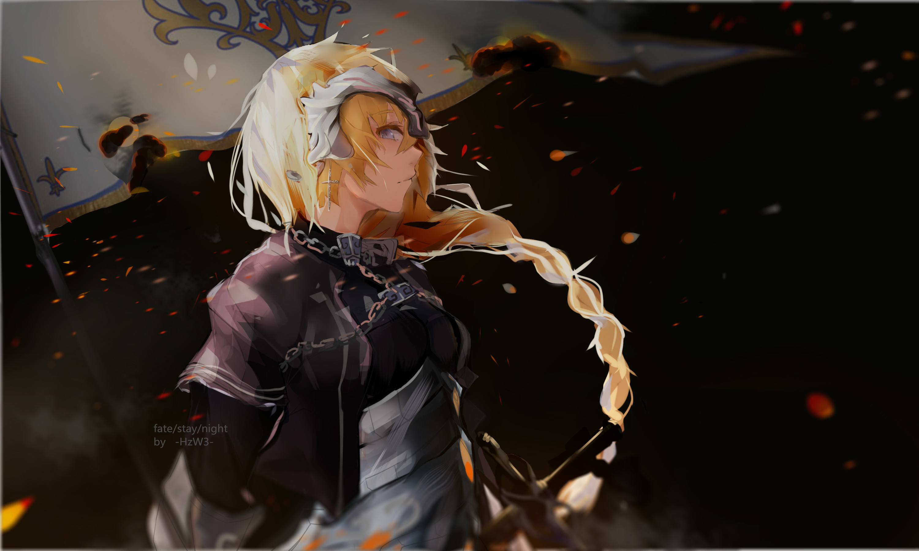 Anime 3000x1800 Fate/Apocrypha  Fate/Grand Order Fate series anime girls french braids violet dress looking sideways 2D female warrior armored woman bangs women with swords blue eyes long hair hair in face Jeanne d'Arc (Fate) anime Ruler (Fate/Apocrypha) looking at viewer fan art chains braids side view burning blonde