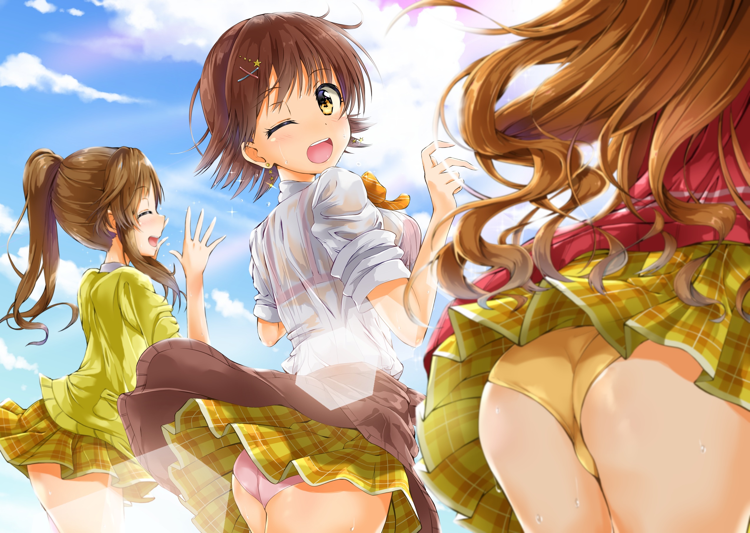 Anime 2549x1812 Honda Mio THE iDOLM@STER: Cinderella Girls anime girls ass panties see-through clothing ponytail upskirt one eye closed wink open mouth miniskirt brunette line-up looking at viewer