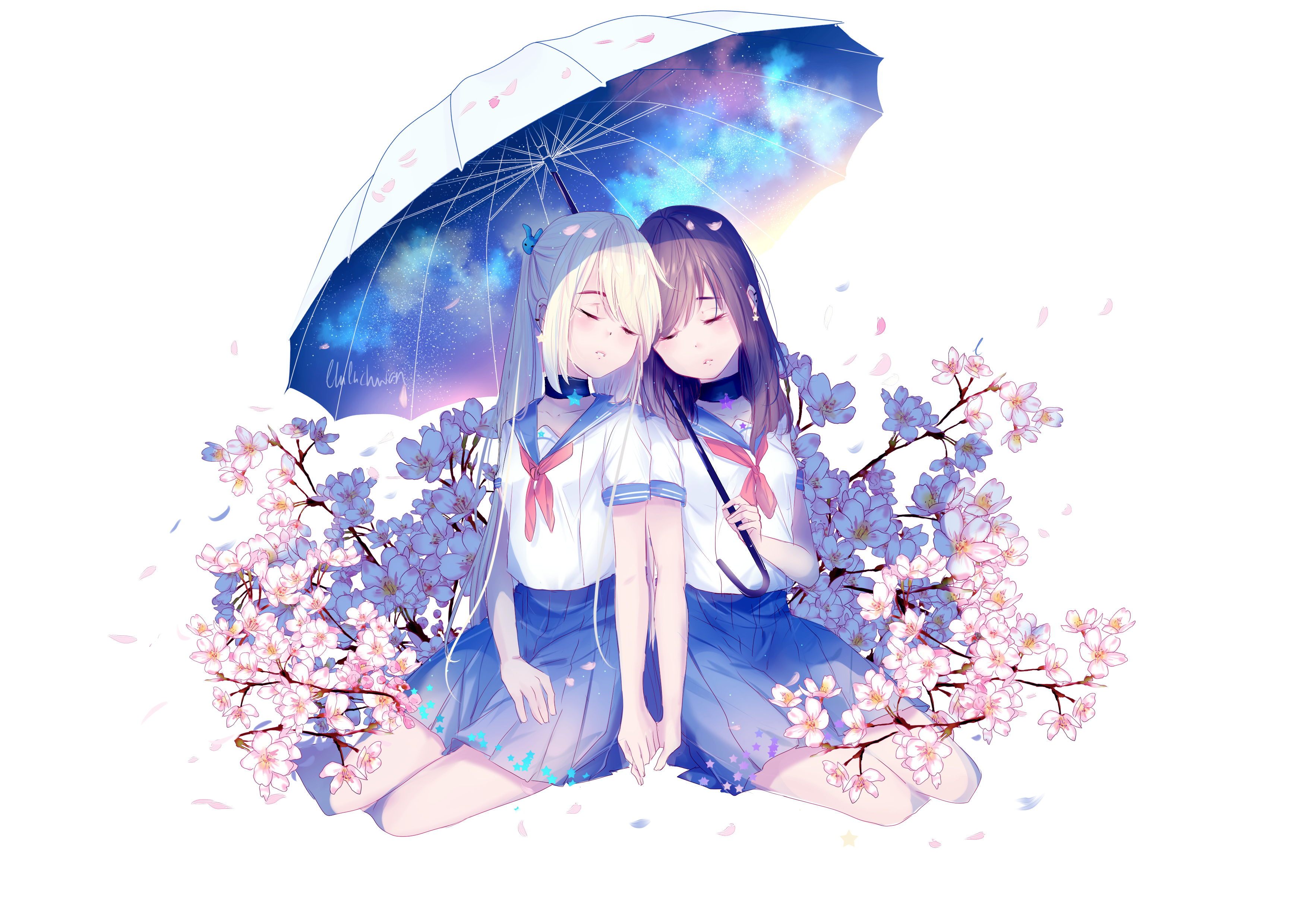 Anime 3507x2480 umbrella school uniform original characters flowers