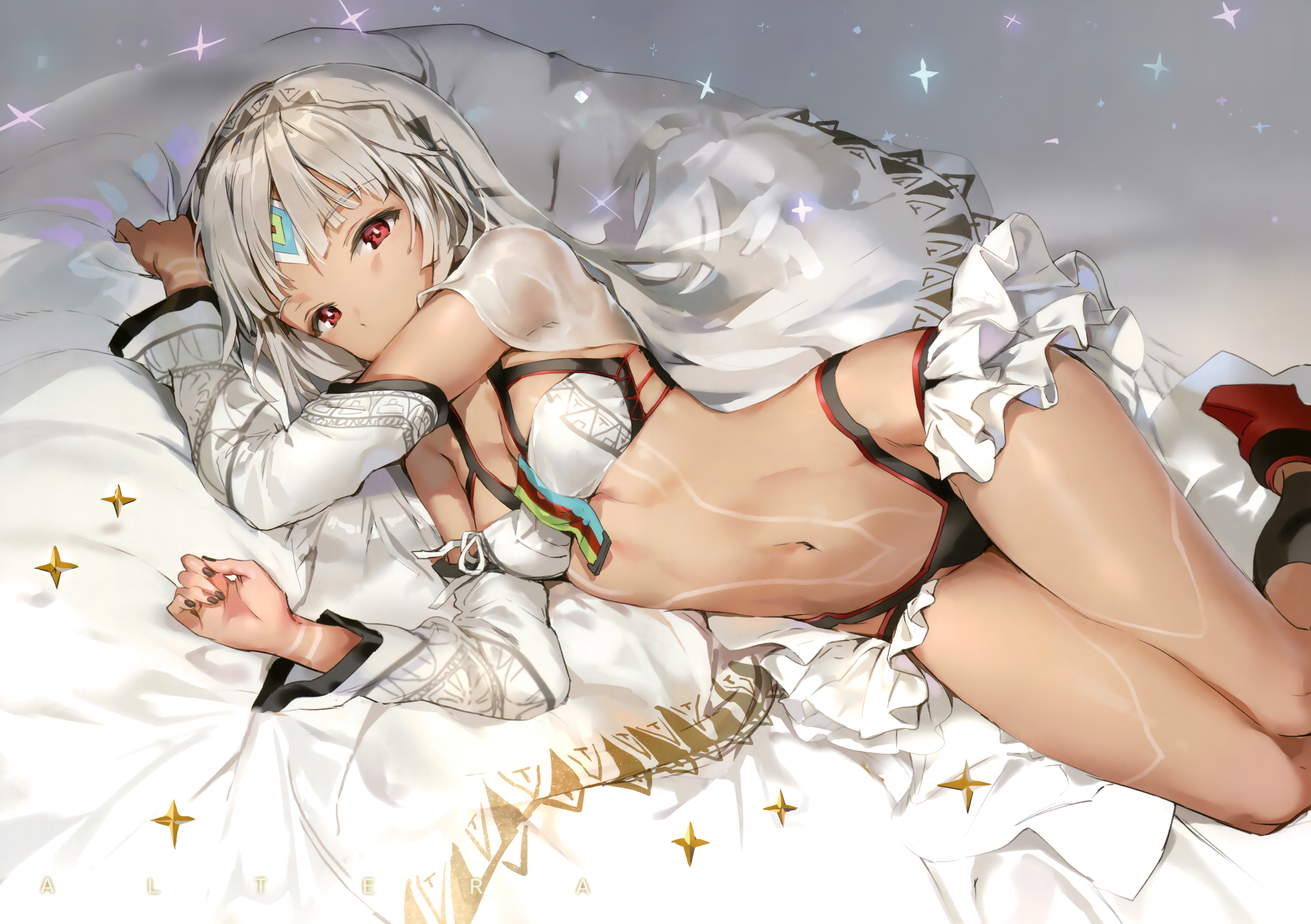 Anime 5522x3893 white background Anmi Fate/Grand Order Fate series gray hair long hair belly button red eyes Altera (Fate) anime girls lying on side