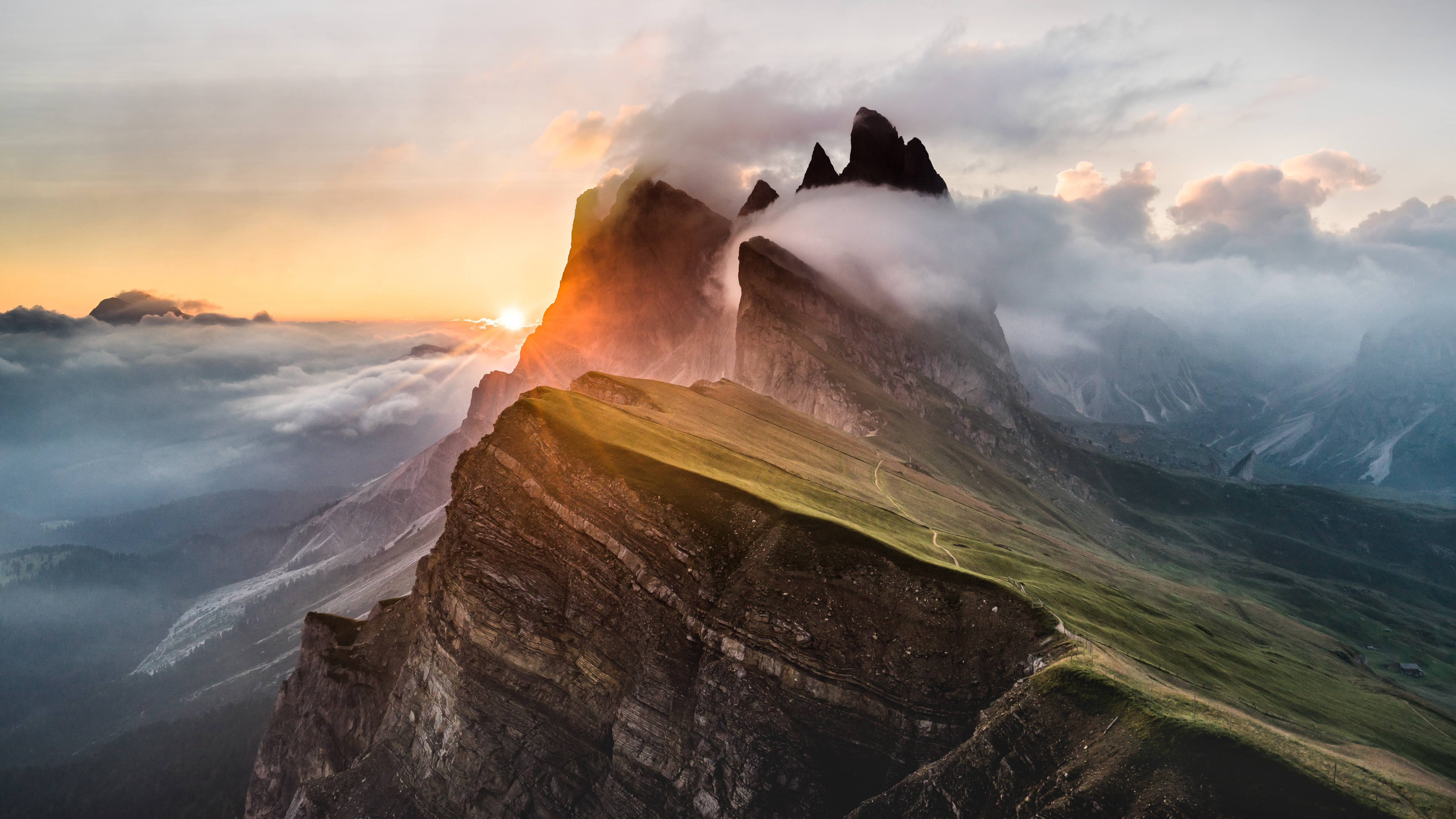 General 5000x2813 mountains landscape sunlight clouds depth of field sunrise sky orange sky nature rocks Dolomites