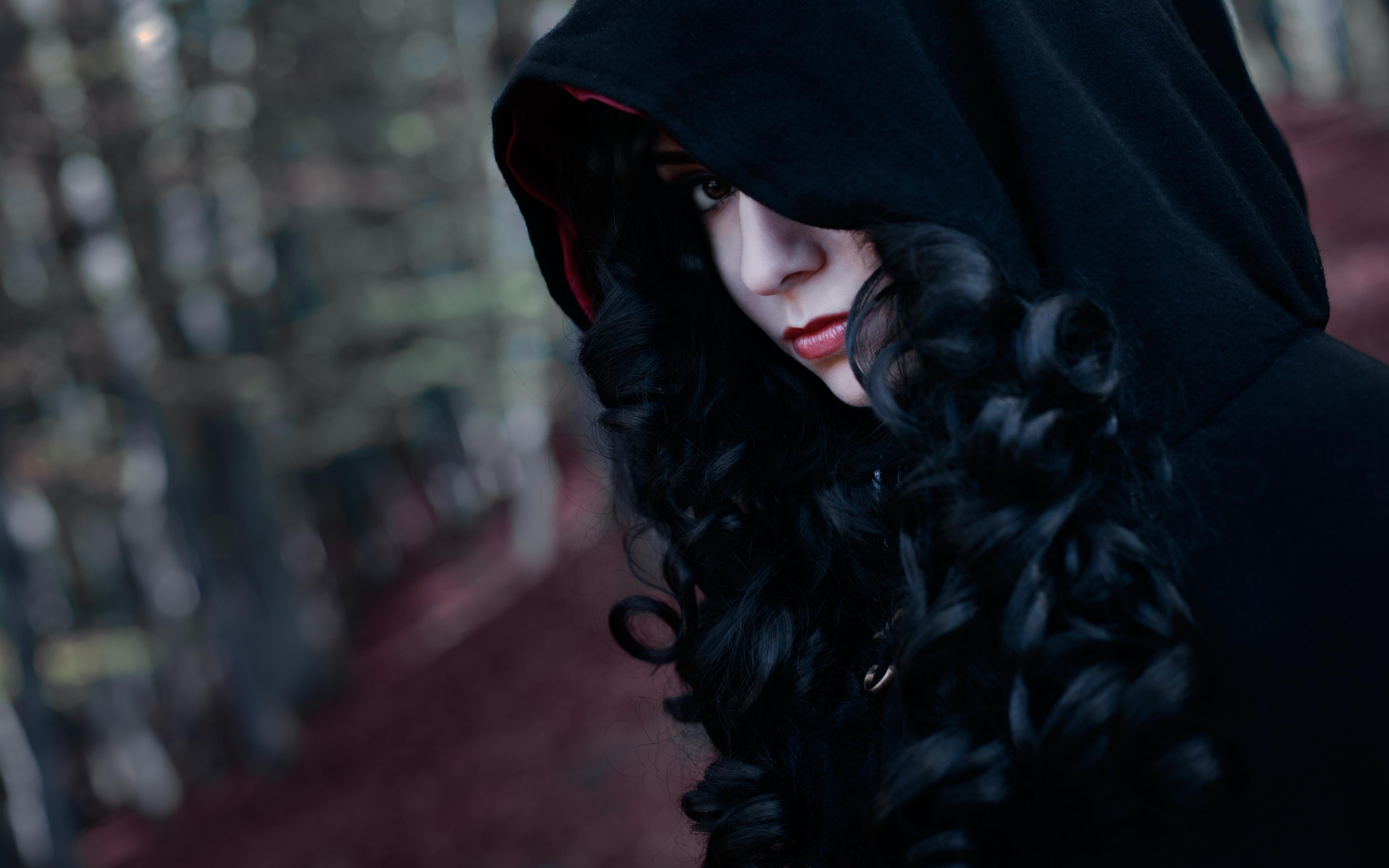 People 2880x1800 women model black hair long hair black dress curly hair hoods women outdoors Yennefer of Vengerberg face looking at viewer The Witcher 3: Wild Hunt cosplay depth of field The Witcher