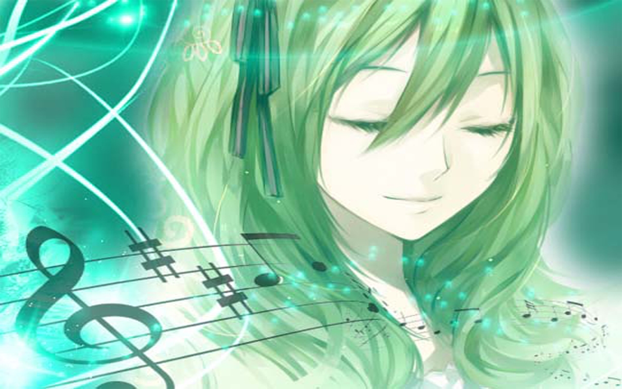 Anime 1280x800 Hatsune Miku Hatsune Miku Append closed eyes anime girls anime face green hair musical notes