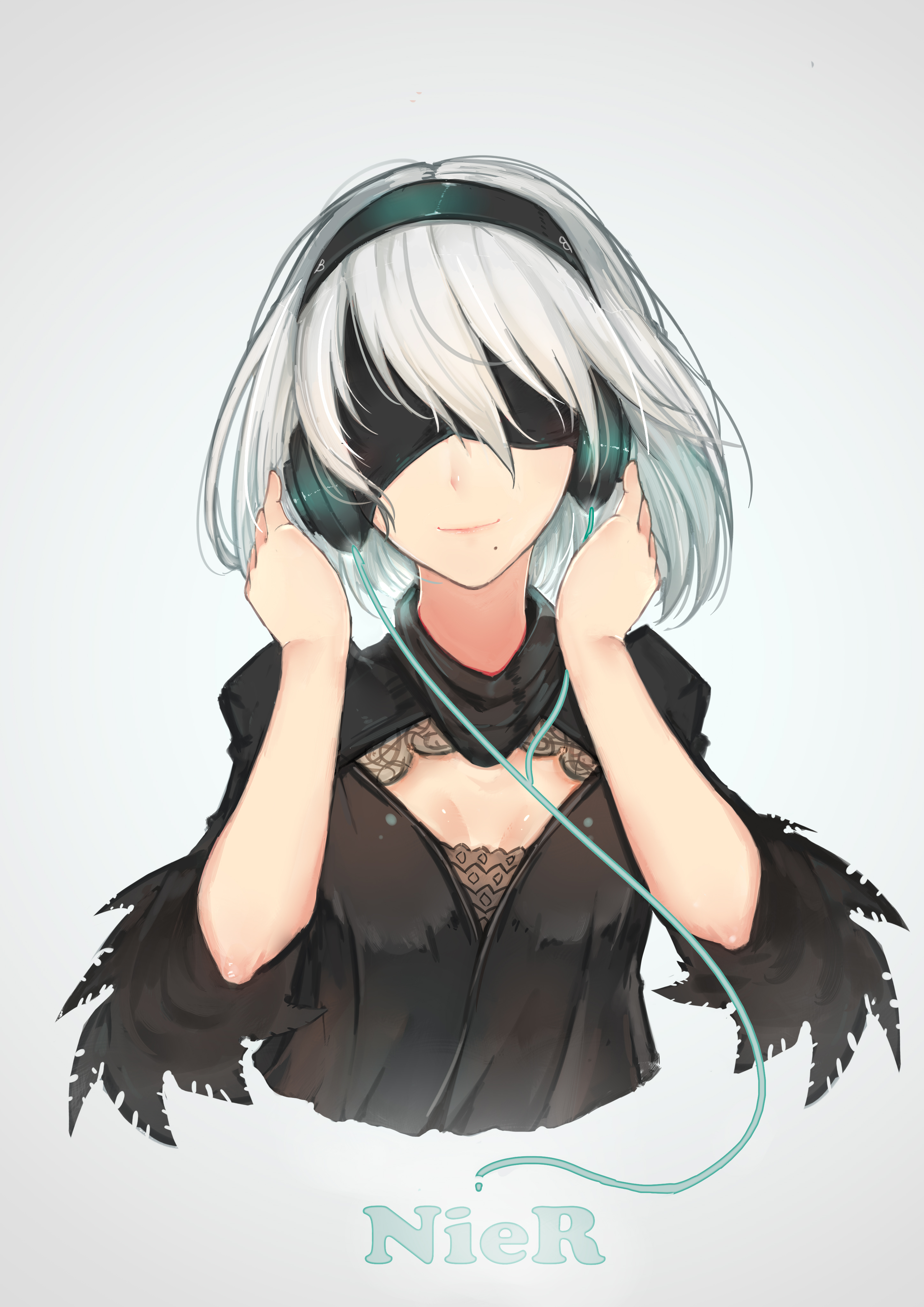 Anime 2894x4093 white background cleavage headphones Nier Nier: Automata 2B (Nier: Automata) black dress