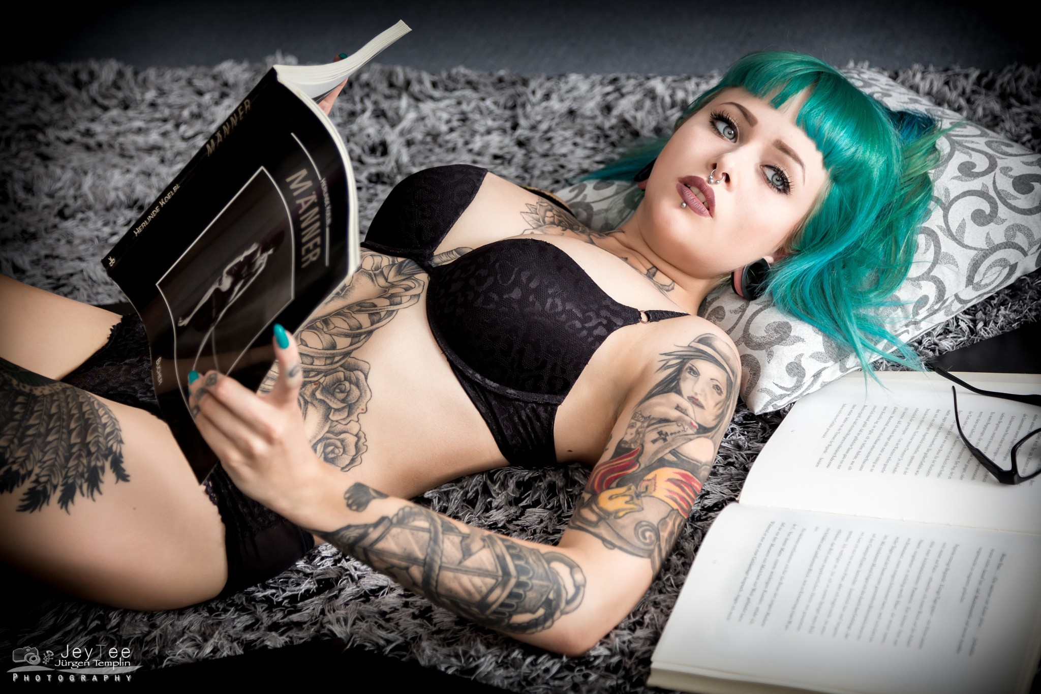 People 2048x1365 women black lingerie dyed hair tattoo books painted nails nose ring piercing looking away glasses