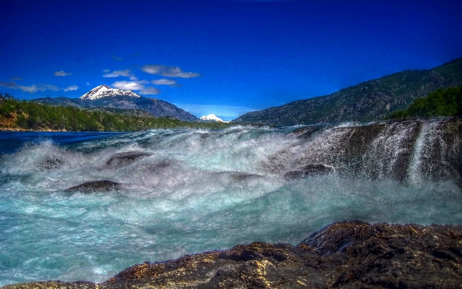 General 1600x1000 photography nature landscape blue sky river rapids waterfall mountains snowy peak Patagonia Chile