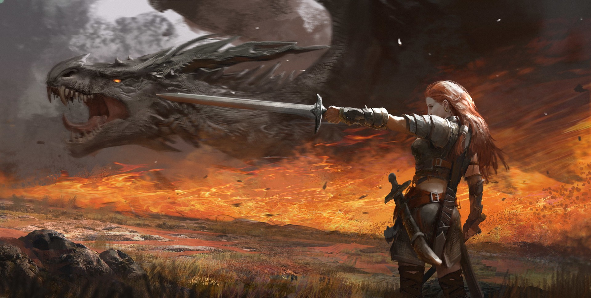 General 1920x969 fantasy art dragon fantasy girl sword redhead armored glowing eyes creature