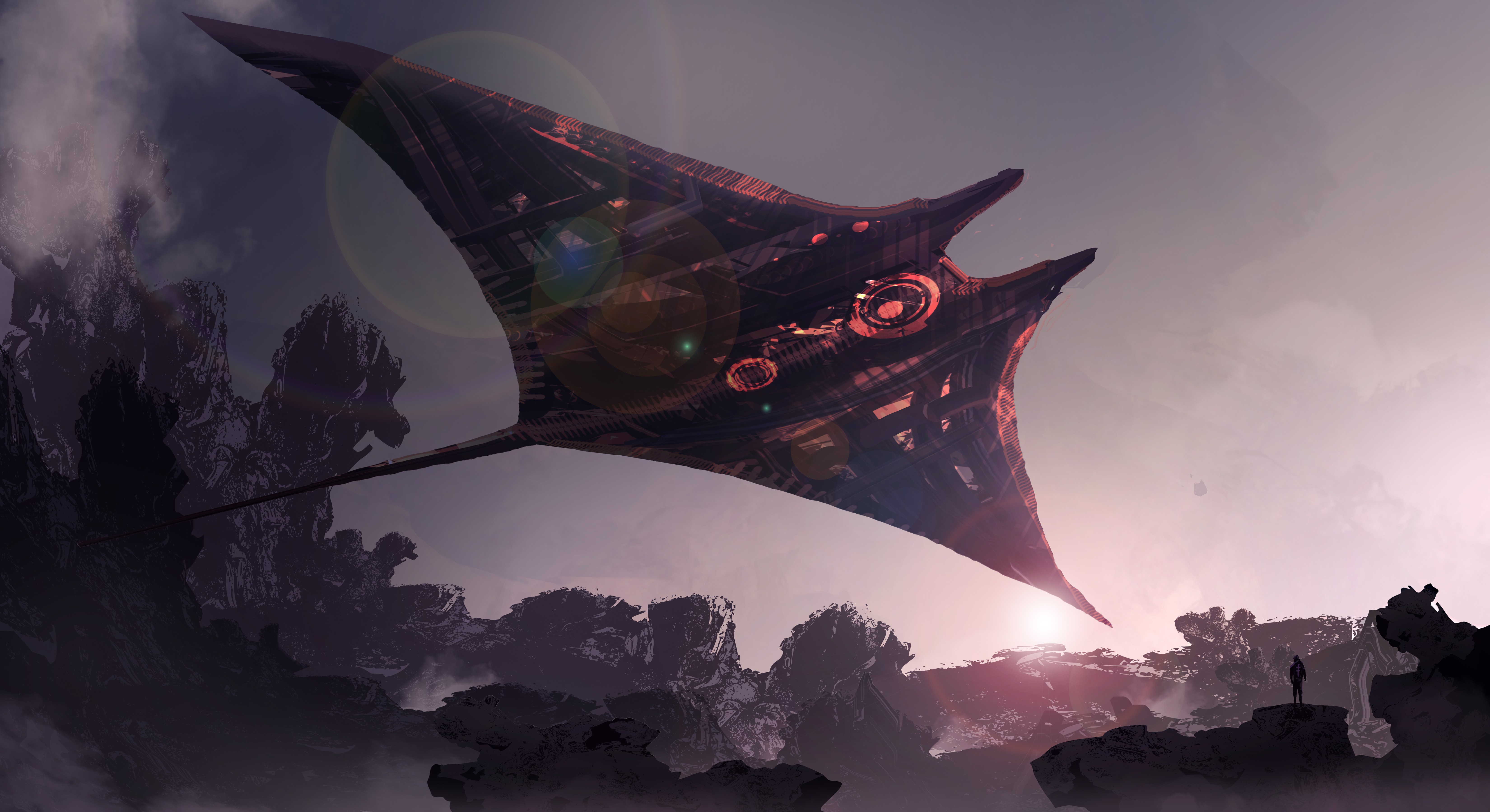 General 6600x3600 futuristic spaceship manta rays science fiction digital art