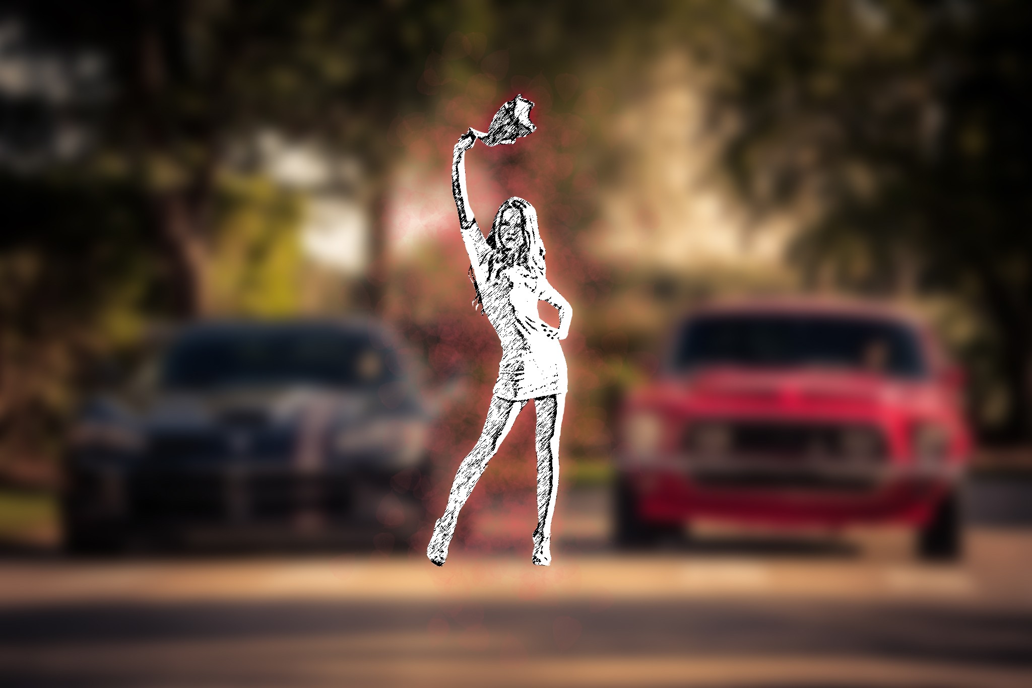 General 2048x1366 women women with cars Kristina Yakimova minidress sketches Ford muscle cars car vehicle arms up artwork standing Ford Mustang Shelby