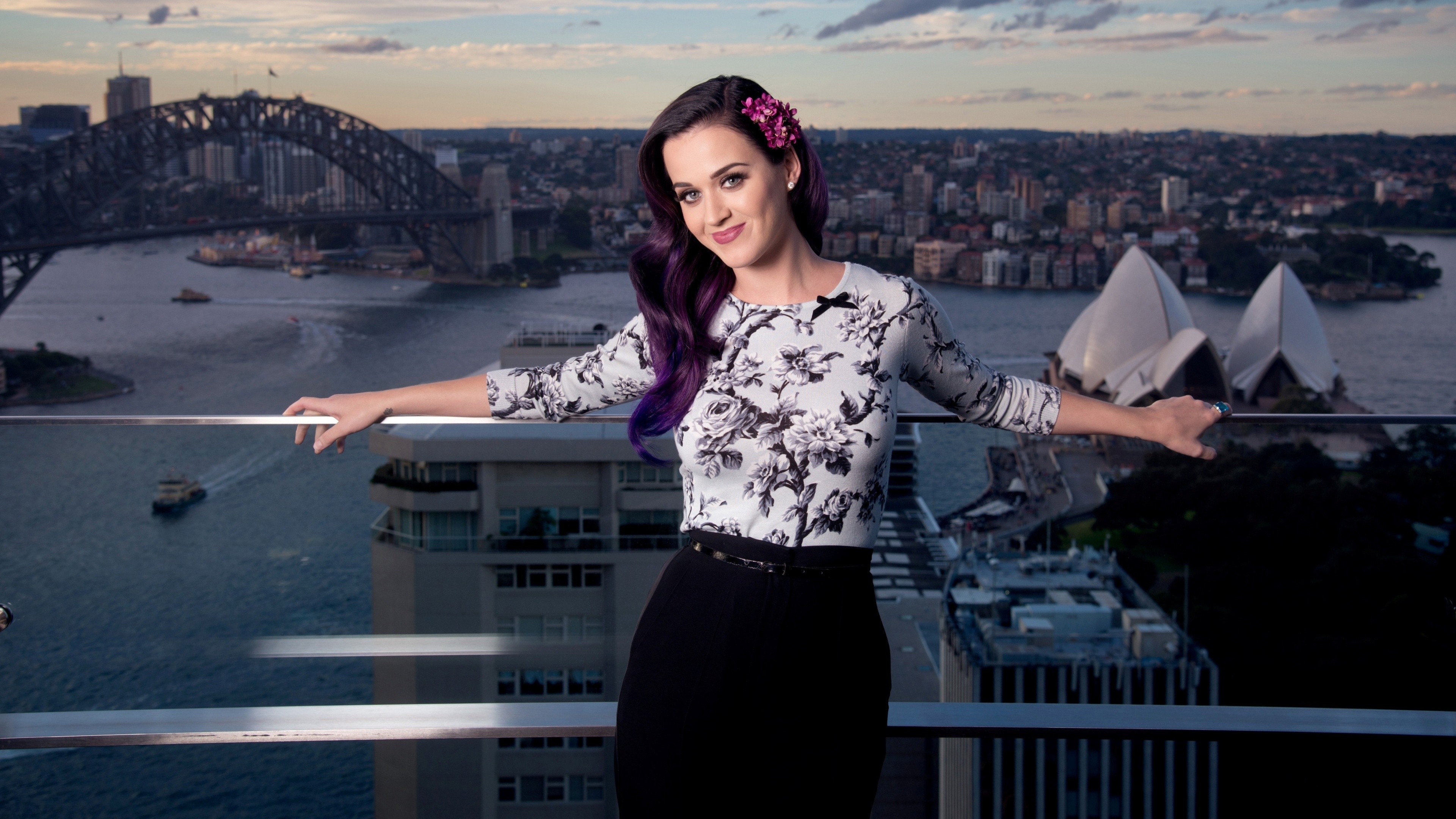 People 3840x2160 portrait women Katy Perry Sydney Sydney Opera House city purple hair smiling looking at viewer singer