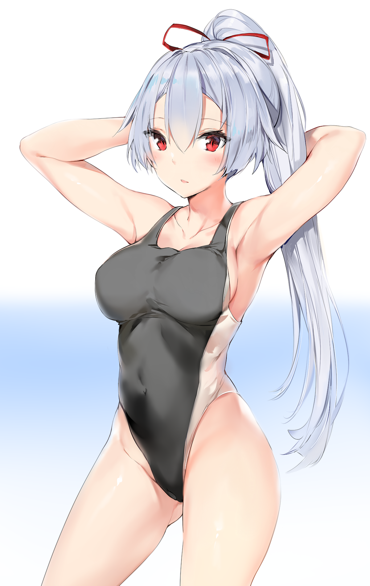 Anime 1200x1900 boobs Fate/Grand Order one-piece swimsuit Tomoe Gozen (Fate/Grand Order) Silver (artist) Fate series anime girls silver hair ponytail red eyes