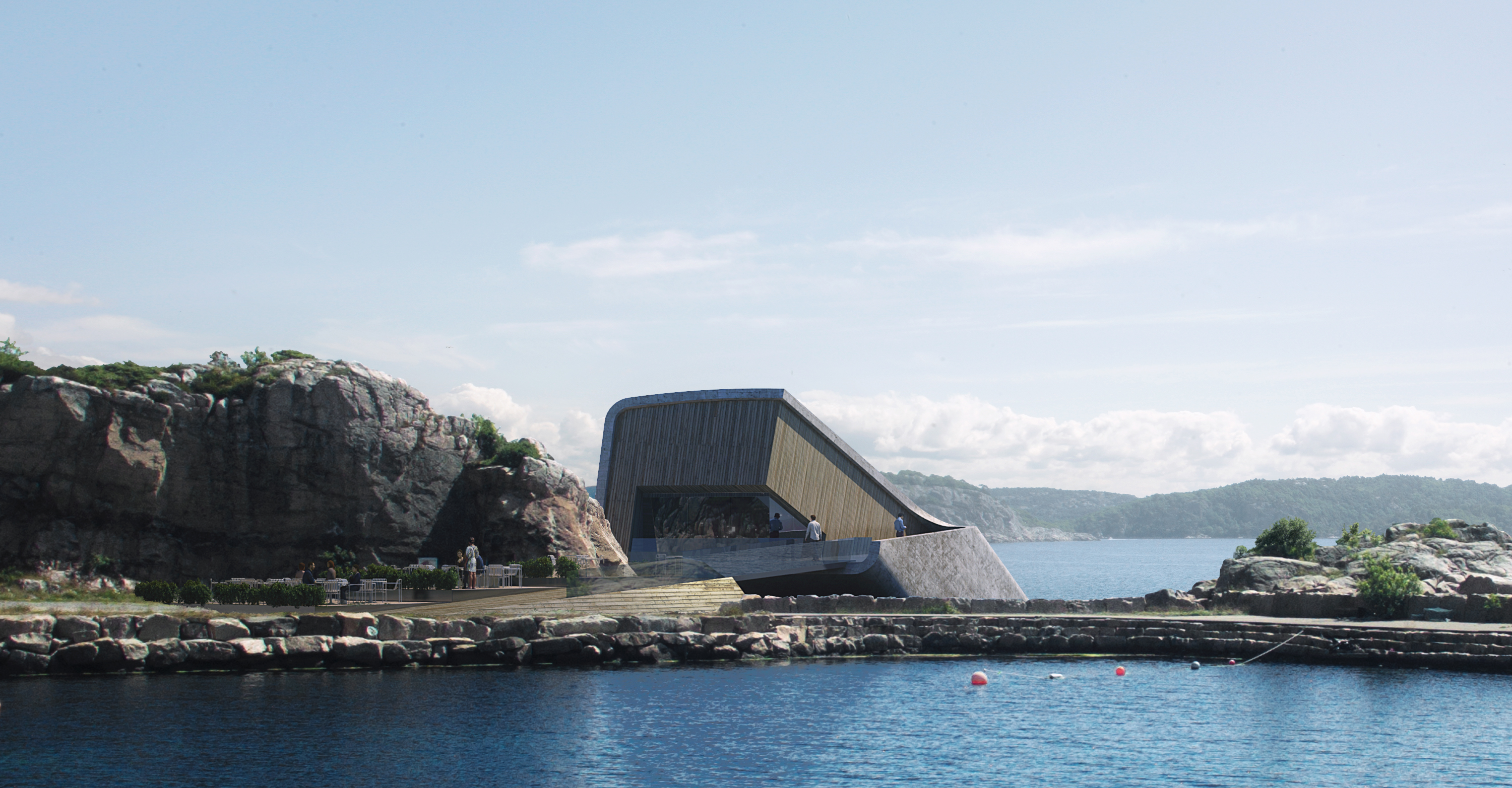 General 3000x1565 architecture modern building clouds restaurant Norway nature landscape water rocks