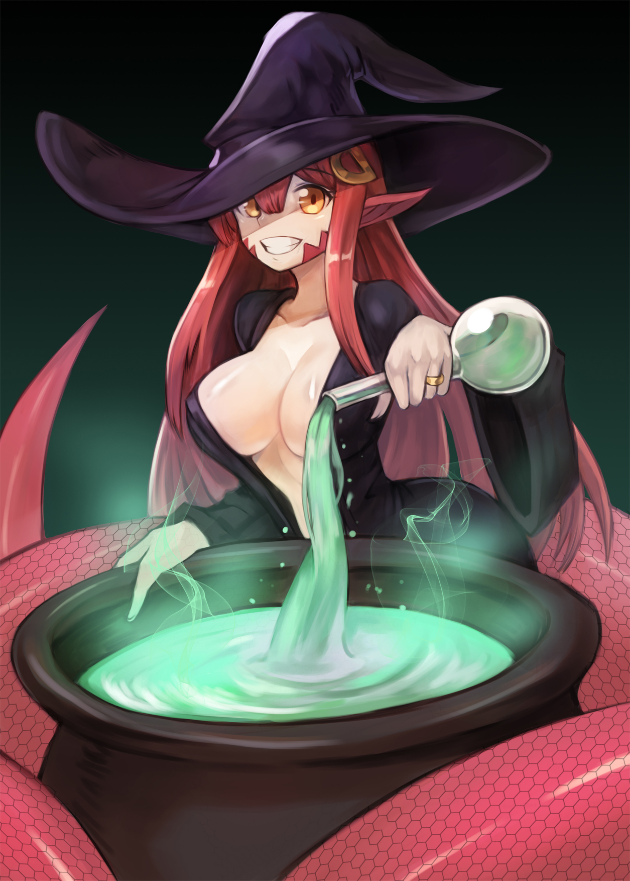 Anime 1255x1753 Halloween witch hat cleavage Miia (Monmusu) monster girl Monster Musume no Iru Nichijou no bra open shirt pointy ears tail witch