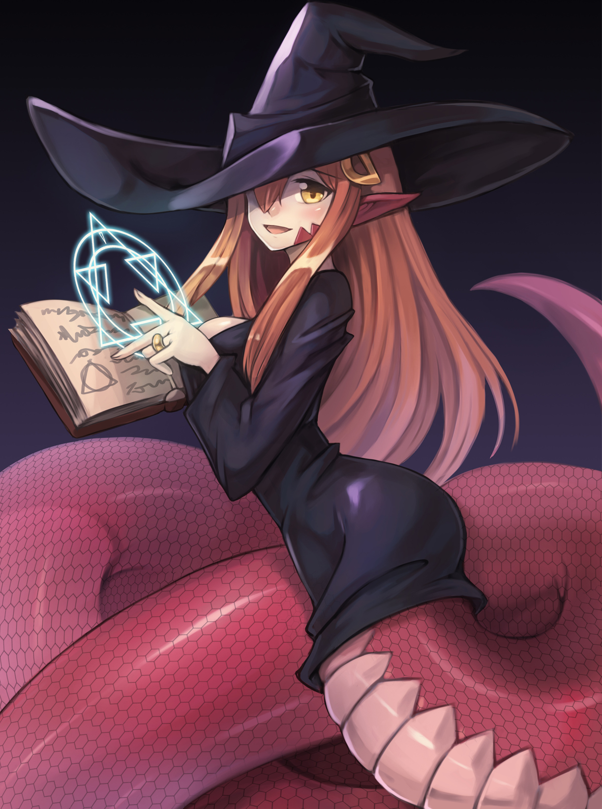 Anime 1224x1646 Halloween witch hat dress Miia (Monmusu) Monster Musume no Iru Nichijou pointy ears tail witch monster girl