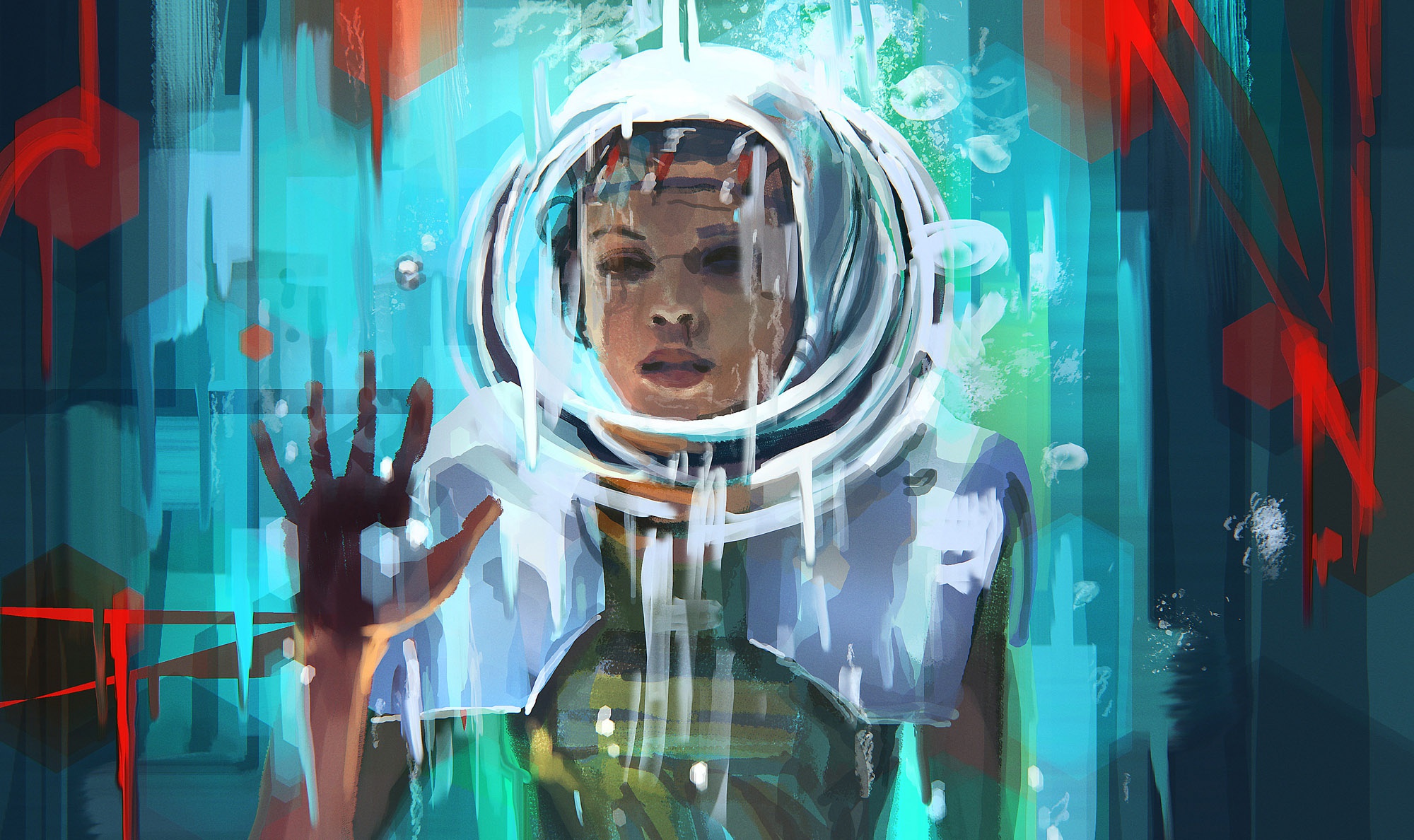 General 2000x1188 artwork women science fiction hands cyan diving suits