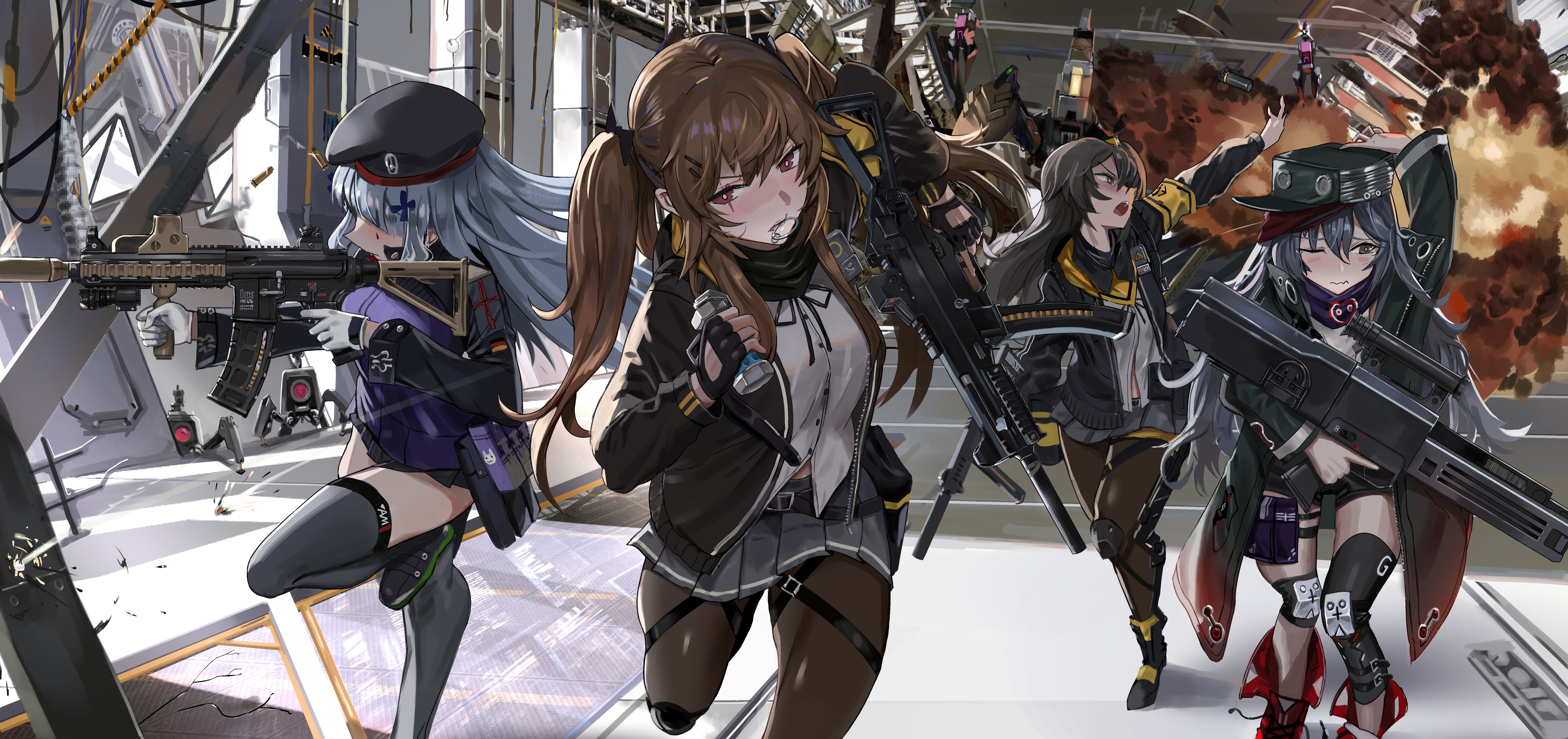 Anime 7712x3635 explosion girls with guns black stockings long hair twintails headdress thigh-highs skirt weapon hair ornament stockings open mouth anime gloves Girls Frontline