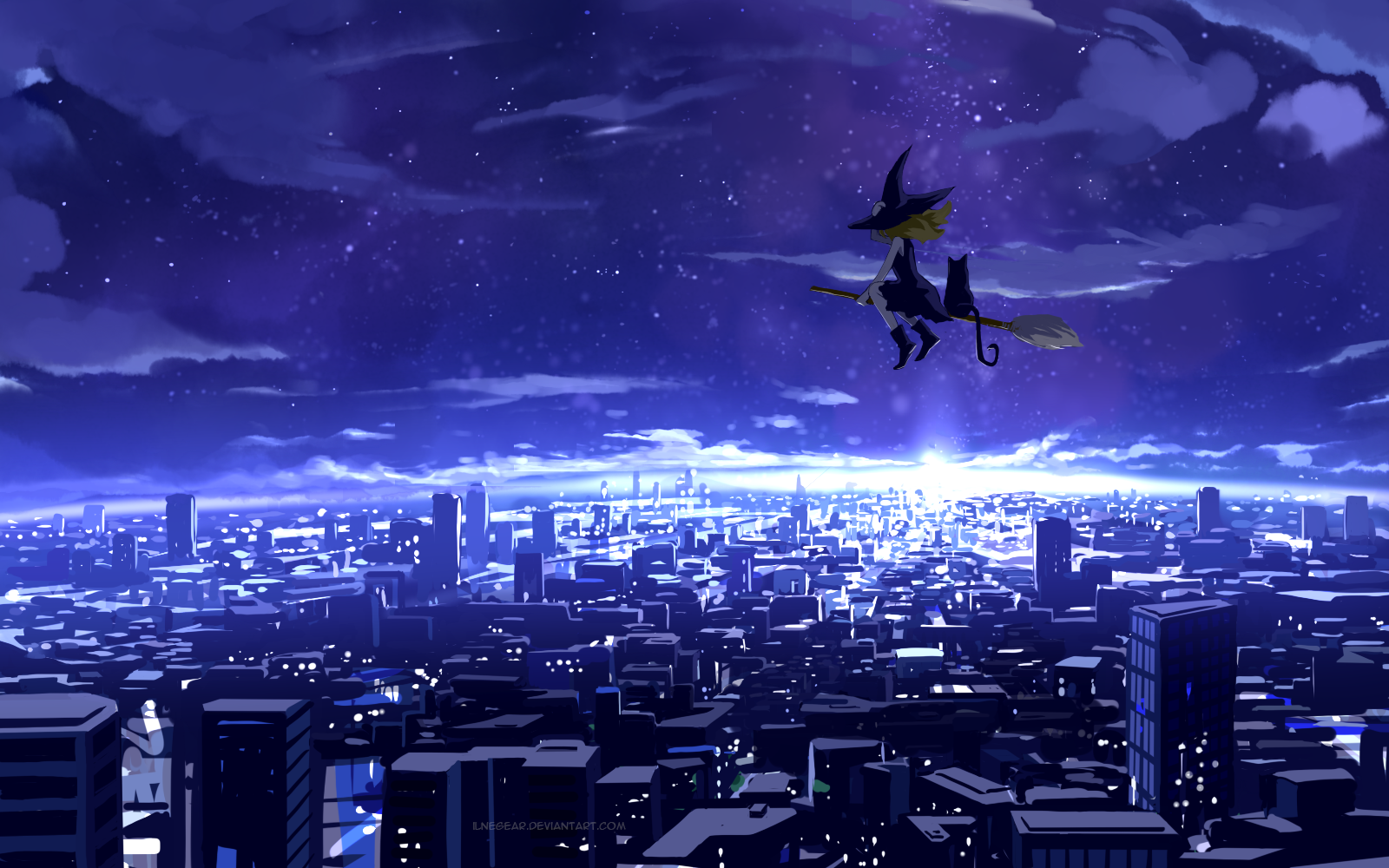 Anime 1600x1000 city anime anime girls sky witch hat cityscape