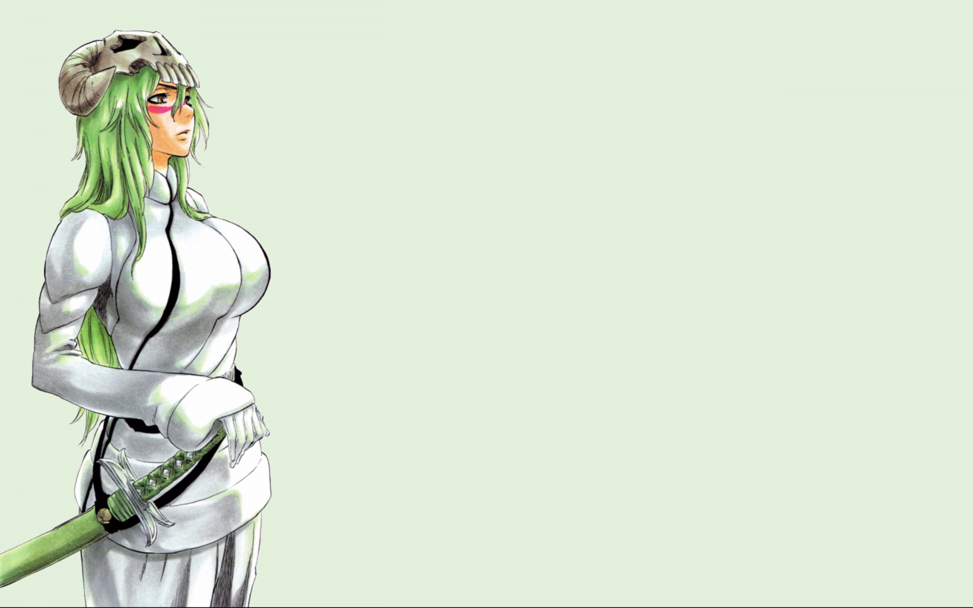 Anime 1920x1200 Bleach green hair white clothing weapon helmet big boobs white background