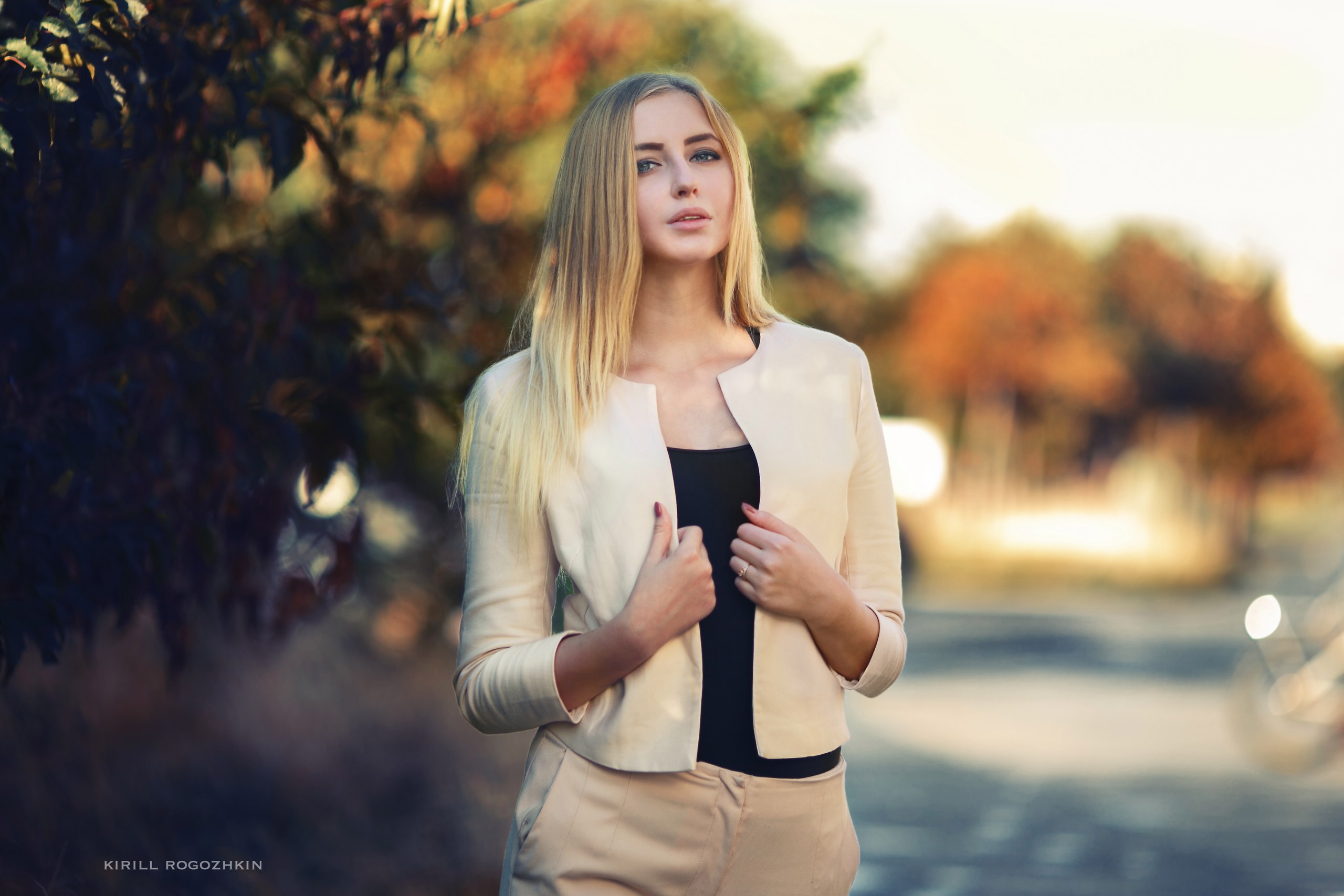People 2560x1707 blonde women outdoors women Kirill Rogozhkin jacket white jacket long hair