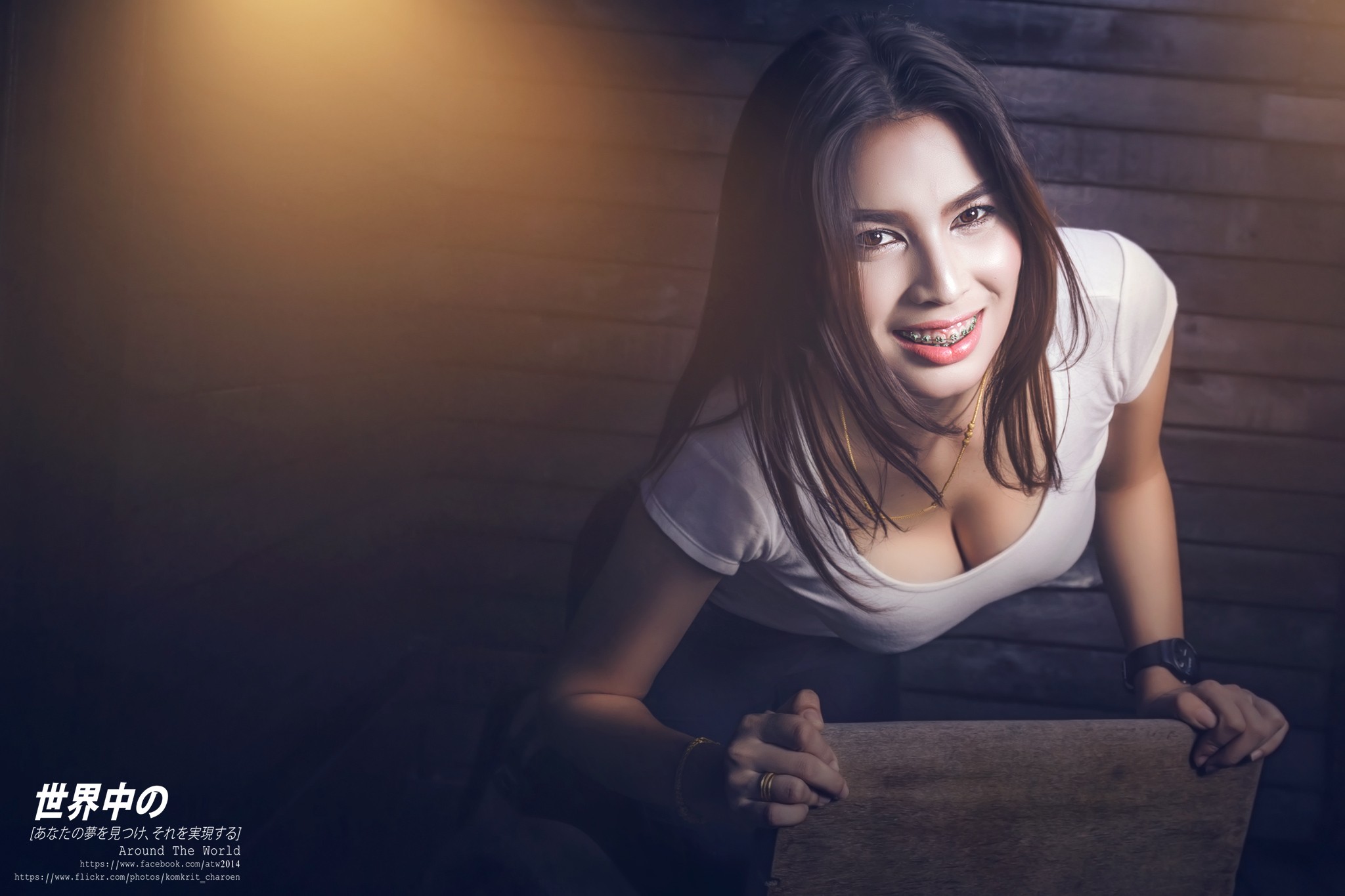 People 2048x1365 women Asian braces cleavage brunette smiling T-shirt boobs women indoors indoors model long hair face parted lips