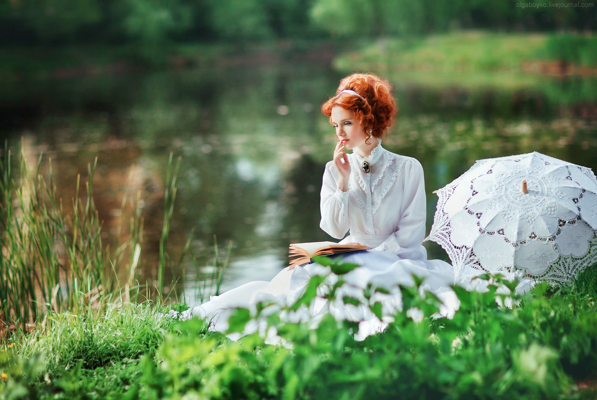 People 1200x805 women model portrait redhead eyeliner pond umbrella white dress plants finger in mouth women outdoors dyed hair books nature women with umbrella watermarked sensual gaze