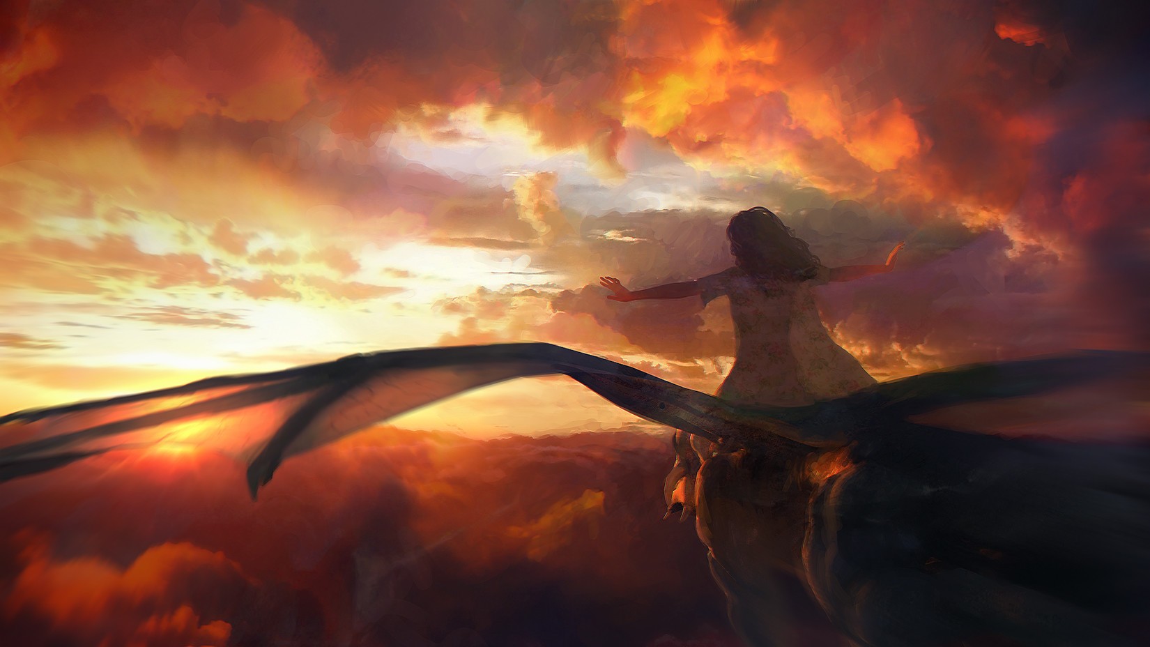 General 1650x928 fantasy art dragon clouds women women outdoors wings flying sky orange sky sunlight fantasy girl