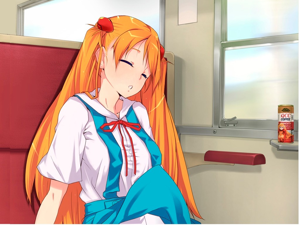 Anime 1024x768 anime girls sleeping skirt school uniform window Asuka Langley Soryu Neon Genesis Evangelion vehicle train coffee food can redhead long hair anime