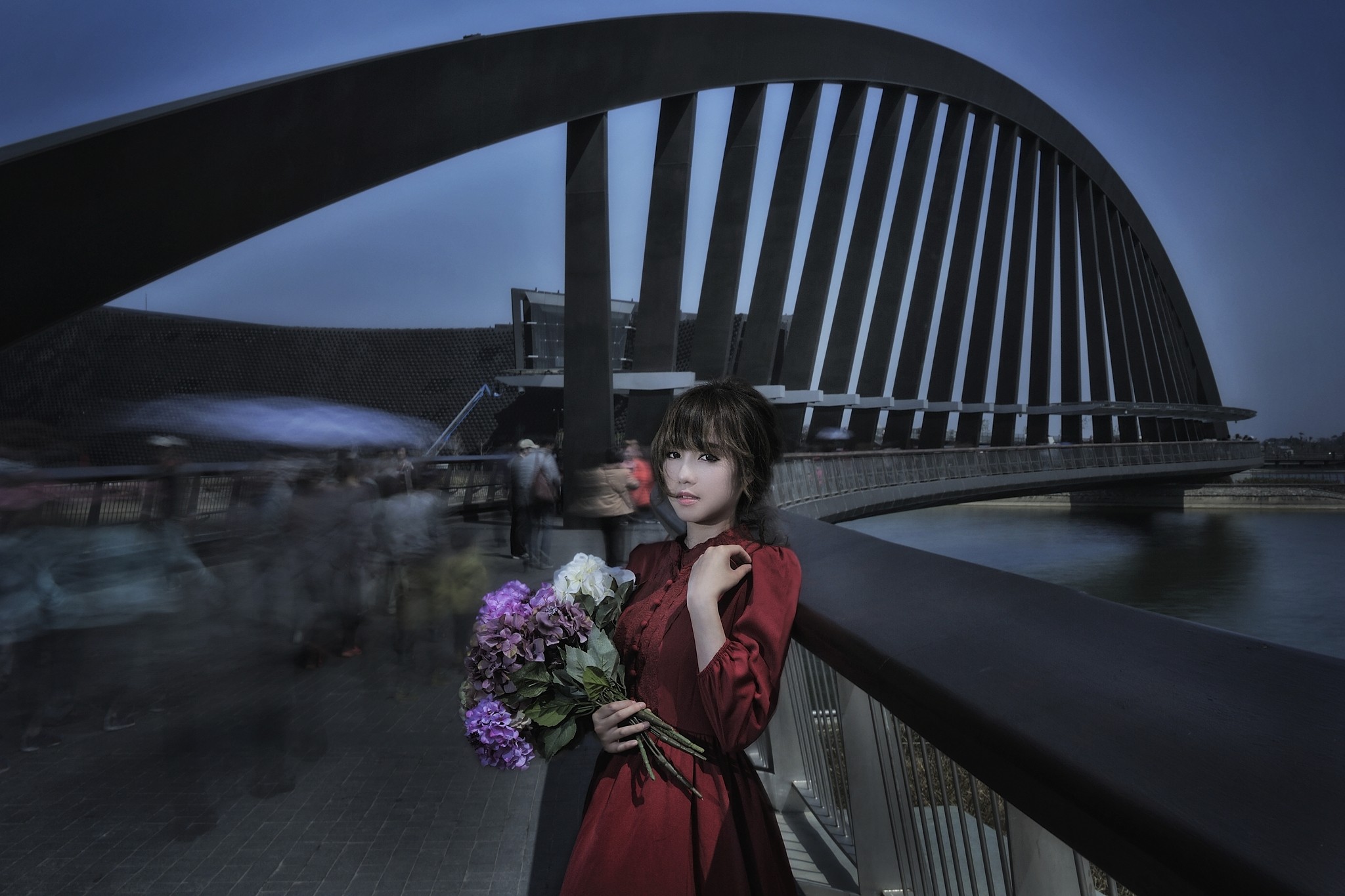 People 2048x1365 red dress brunette bouquets flowers standing bridge women Asian model plants urban women outdoors looking at viewer dress red clothing
