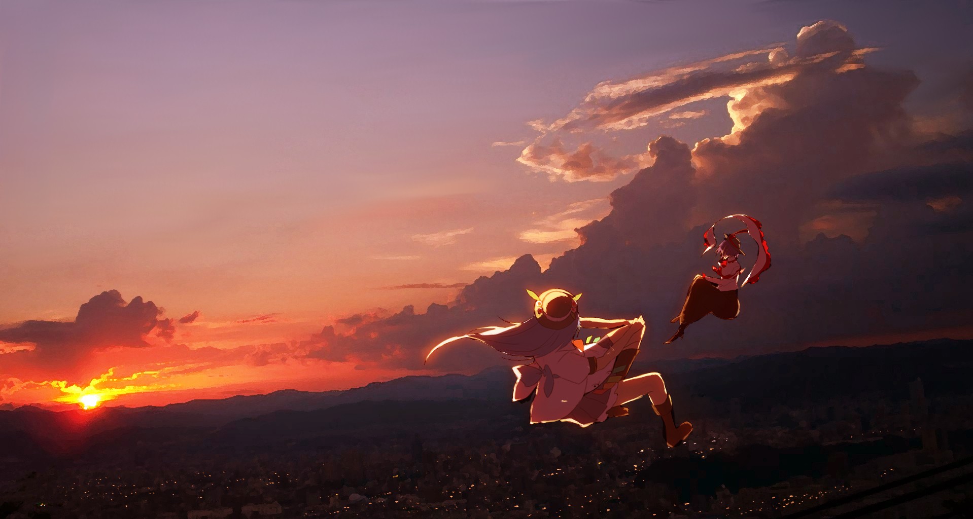 Anime 1918x1024 landscape clouds Fly Sun Touhou anime girls two women sky sunlight long hair anime
