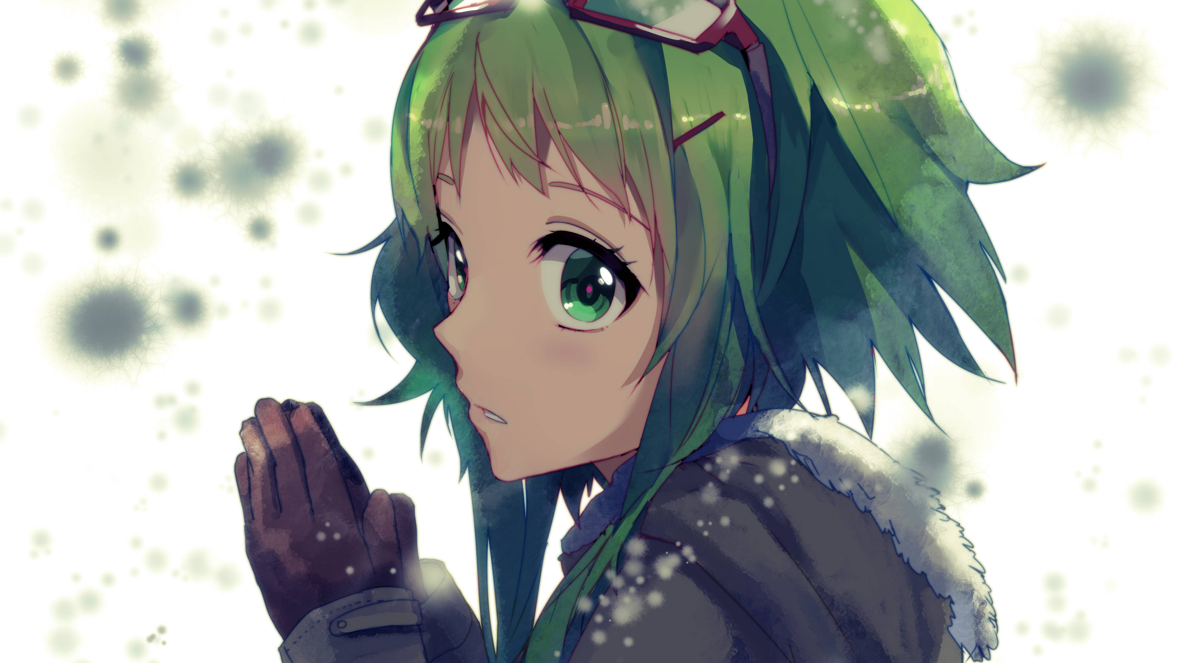 Anime 3840x2160 Vocaloid Megpoid Gumi cold winter anime girls anime face gloves green hair green eyes closeup