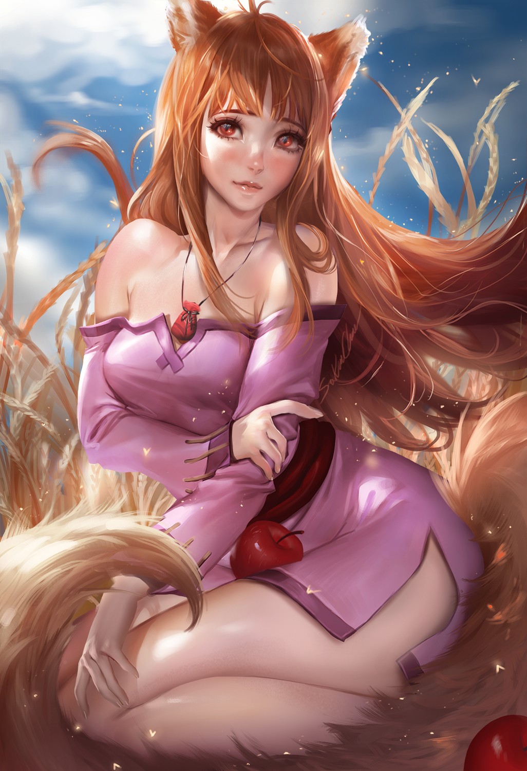 Anime 1026x1500 Sakimichan realistic Holo (Spice and Wolf) Spice and Wolf 2D no bra thighs bangs brunette long hair embarrassed red eyes purple dress cleavage bare shoulders hair blowing in the wind looking at viewer fan art anime girls wolf girls DeviantArt food apples fruit necklace fantasy art artwork fantasy girl