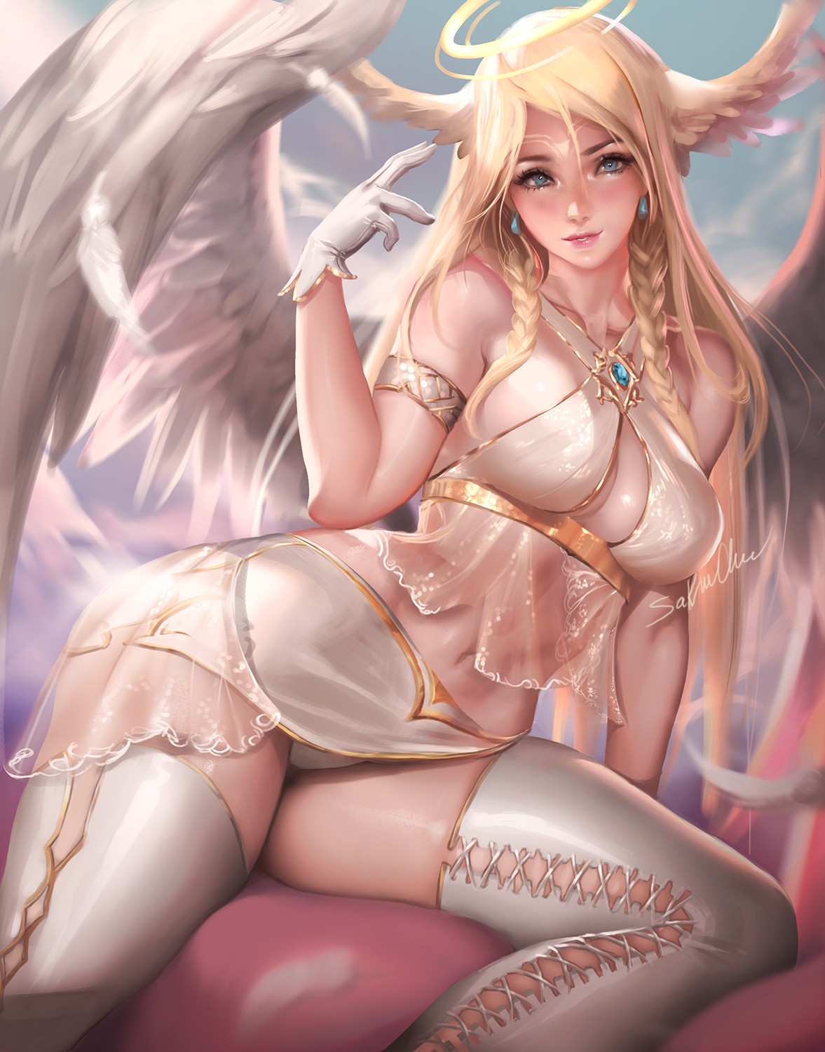 General 1177x1500 Sakimichan big boobs curvy wings fantasy girl women boobs fantasy art thighs legs blonde stockings gloves angel