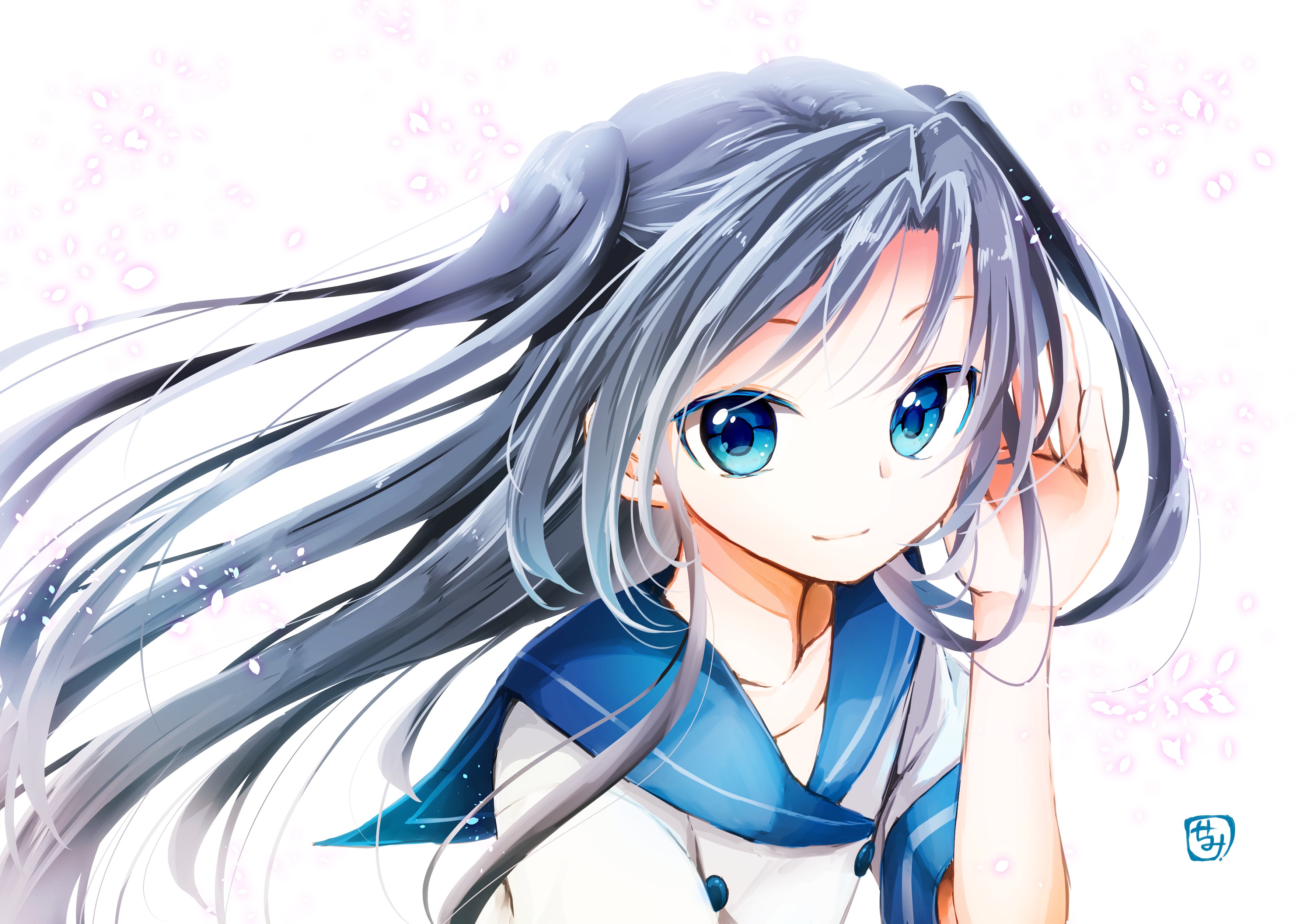 Anime 3541x2508 anime anime girls long hair gray hair blue eyes smiling school uniform SemiGoma