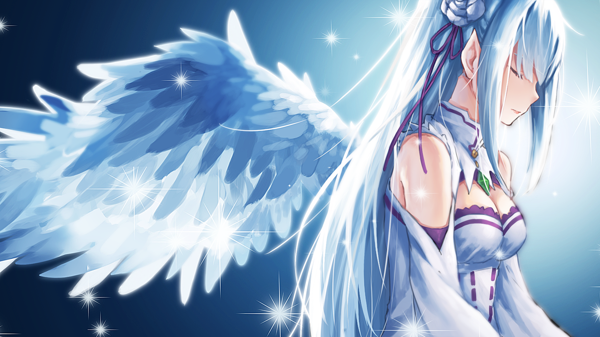 Anime 1920x1080 Re:Zero Kara Hajimeru Isekai Seikatsu Emilia (Re: Zero) wings cleavage white hair lightning
