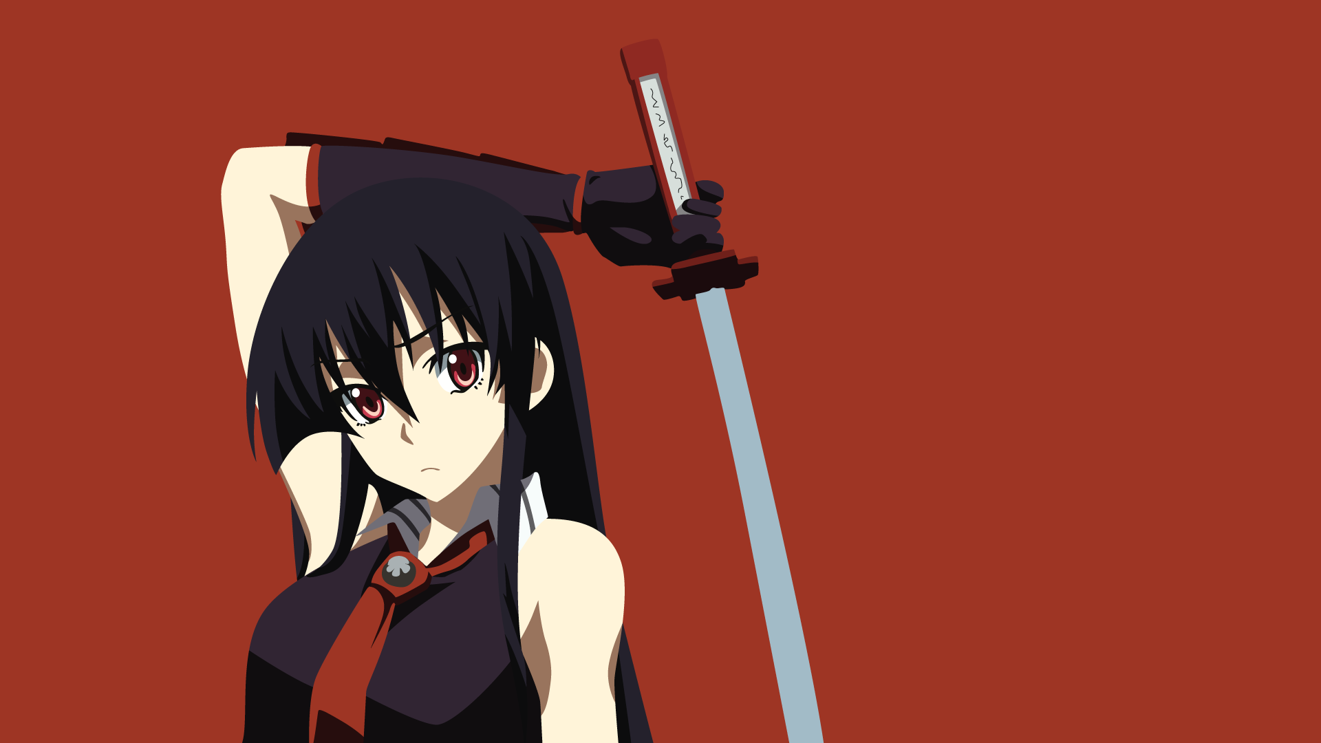 Anime 1920x1080 anime anime girls Akame sword tie red eyes weapon red background simple background looking at viewer black hair long hair girls with guns women with swords