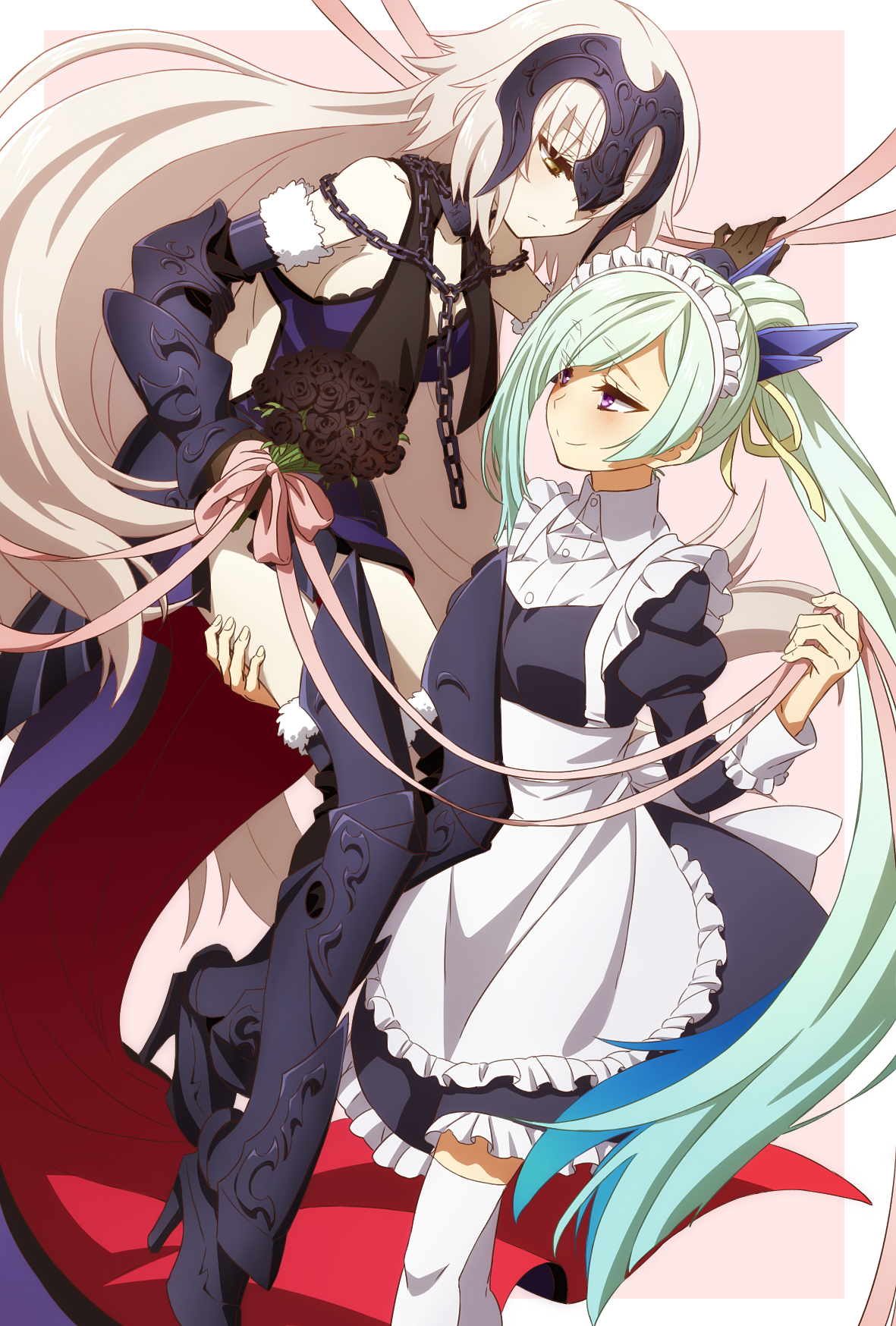 Anime 1181x1748 Fate/Grand Order Jeanne (Alter) (Fate/Grand Order) Brynhildr (Fate/Grand Order) Jeanne d'Arc (Fate) Fate series anime girls anime two women maid chains maid outfit green hair blonde