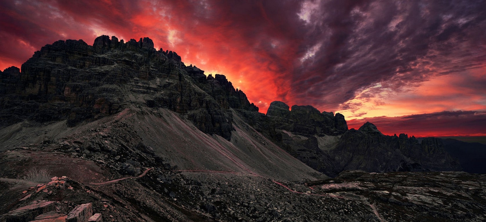 General 1676x768 photography landscape nature mountains morning summer sunlight dirt road red clouds Dolomites Alps Italy low light