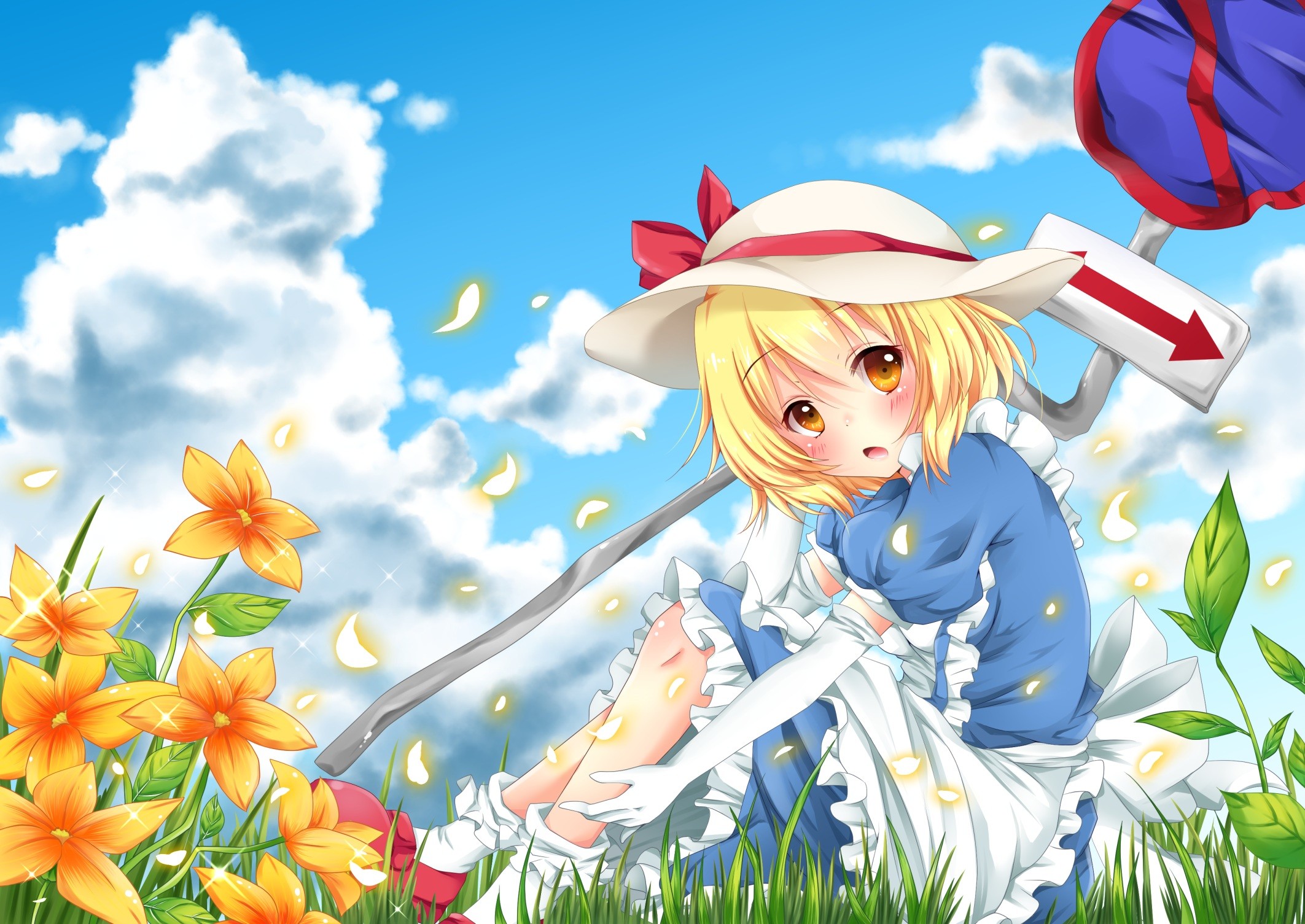 Anime 2125x1505 anime anime girls Touhou short hair blonde orange eyes hat flowers sky clouds grass
