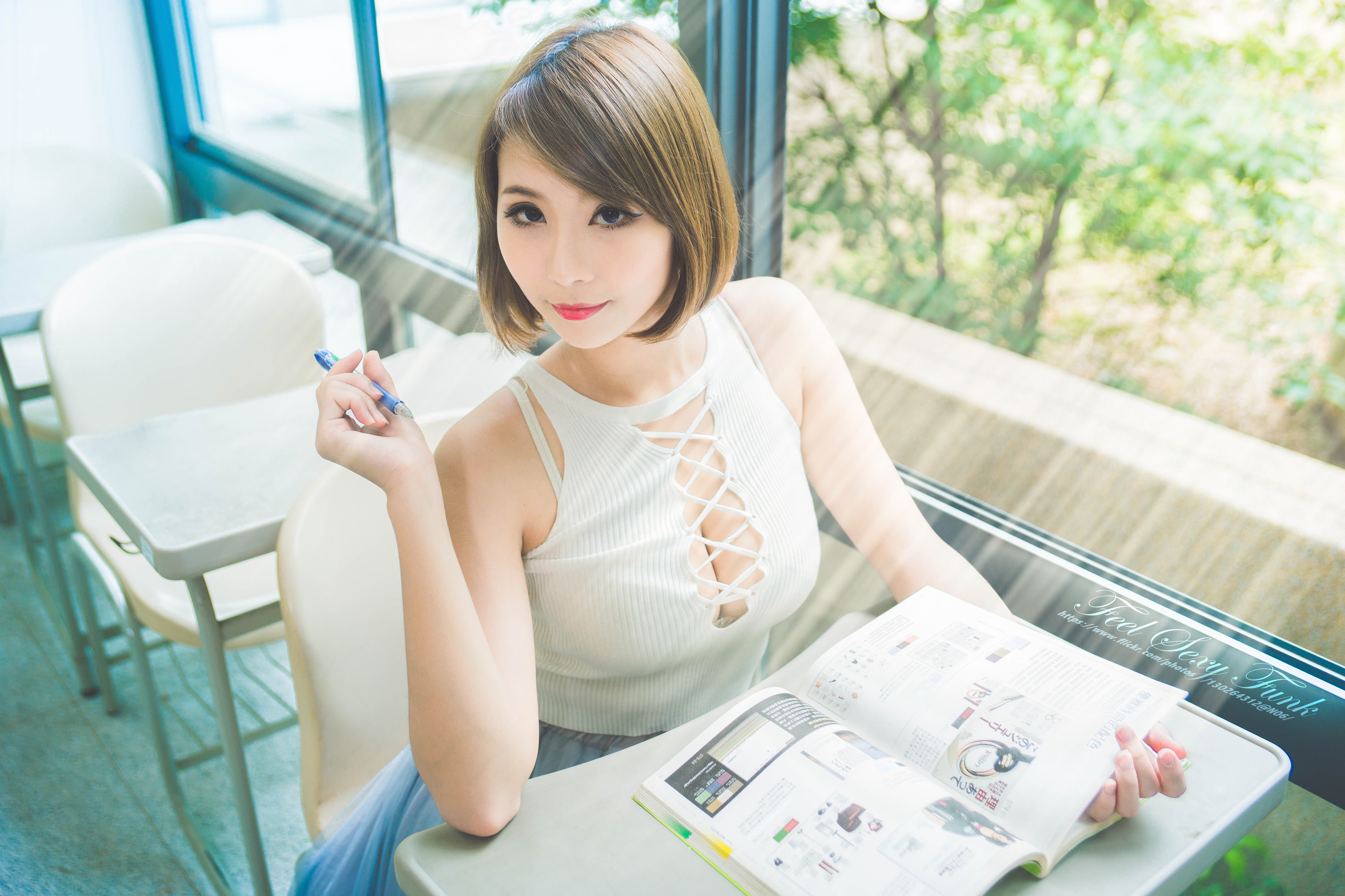 People 6000x4000 Japanese women red lipstick cleavage looking at viewer school women women indoors pens makeup brunette books sitting by the window model watermarked Asian