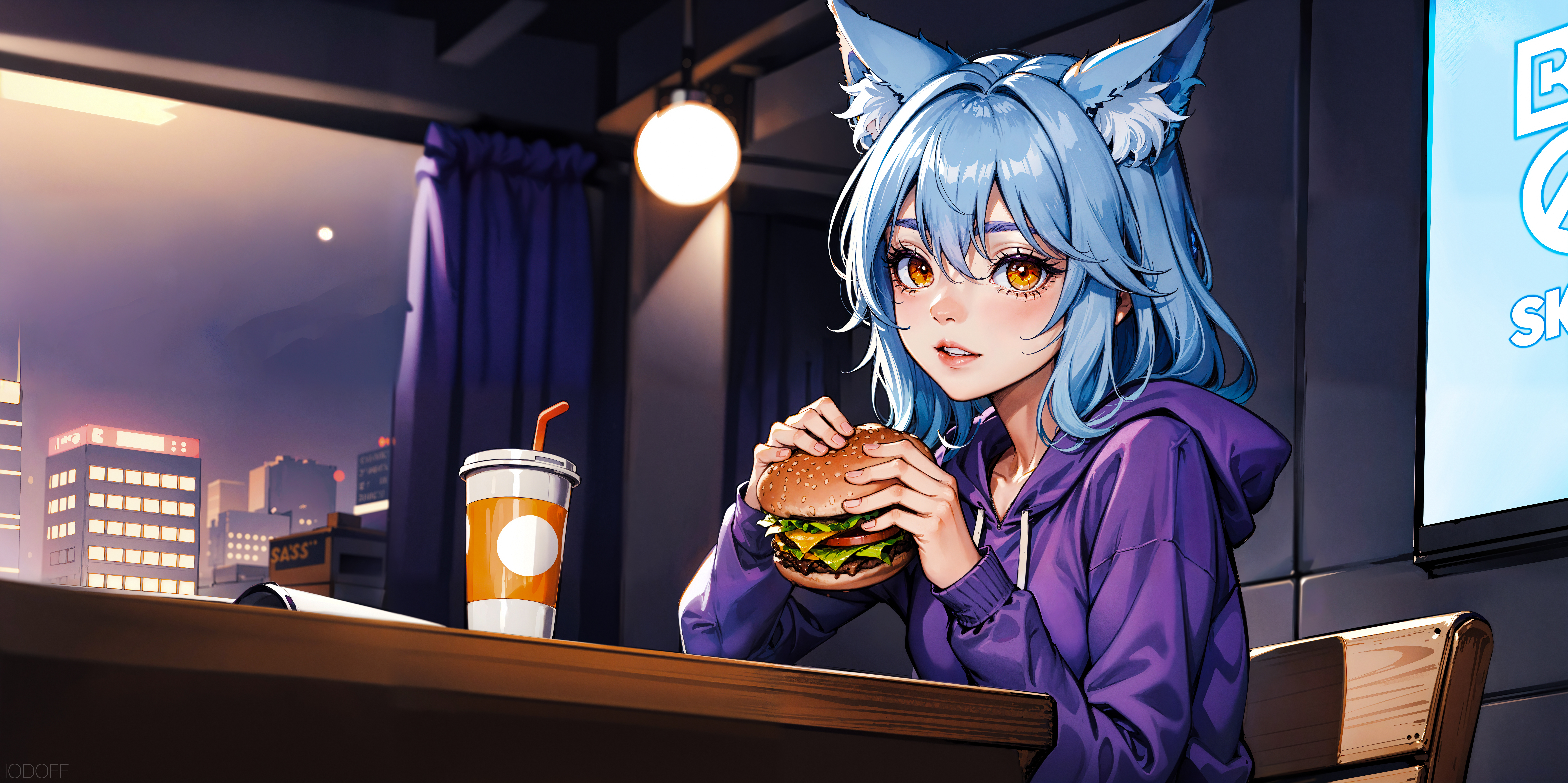 Anime 8695x4344 AI art purple hoodie burgers animal ears blue hair anime girls looking at viewer food drink sitting city chair cat girl cat ears eating anime girls eating Moon Iodoff