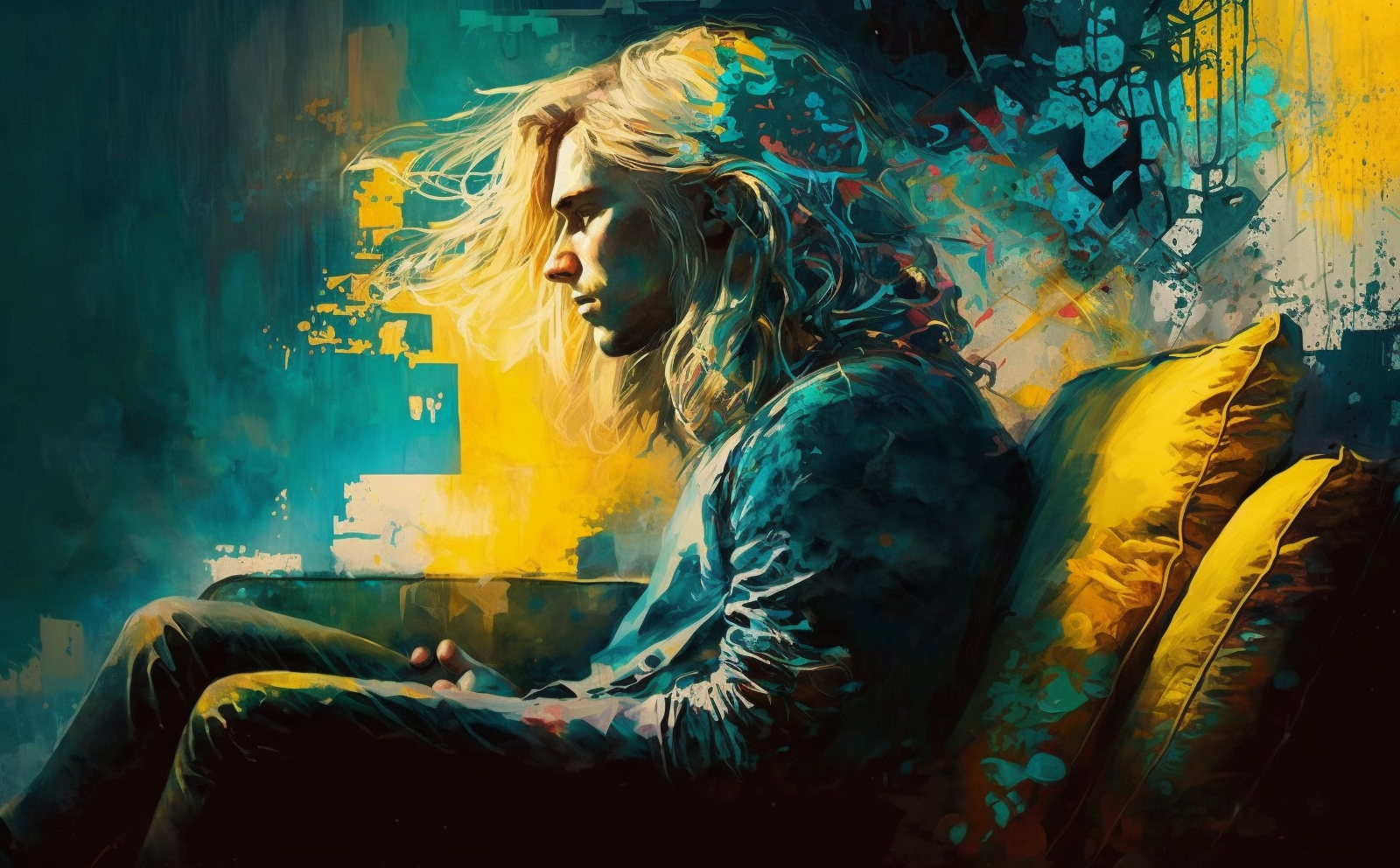 General 1600x992 surreal depressing blonde long hair AI art men digital art