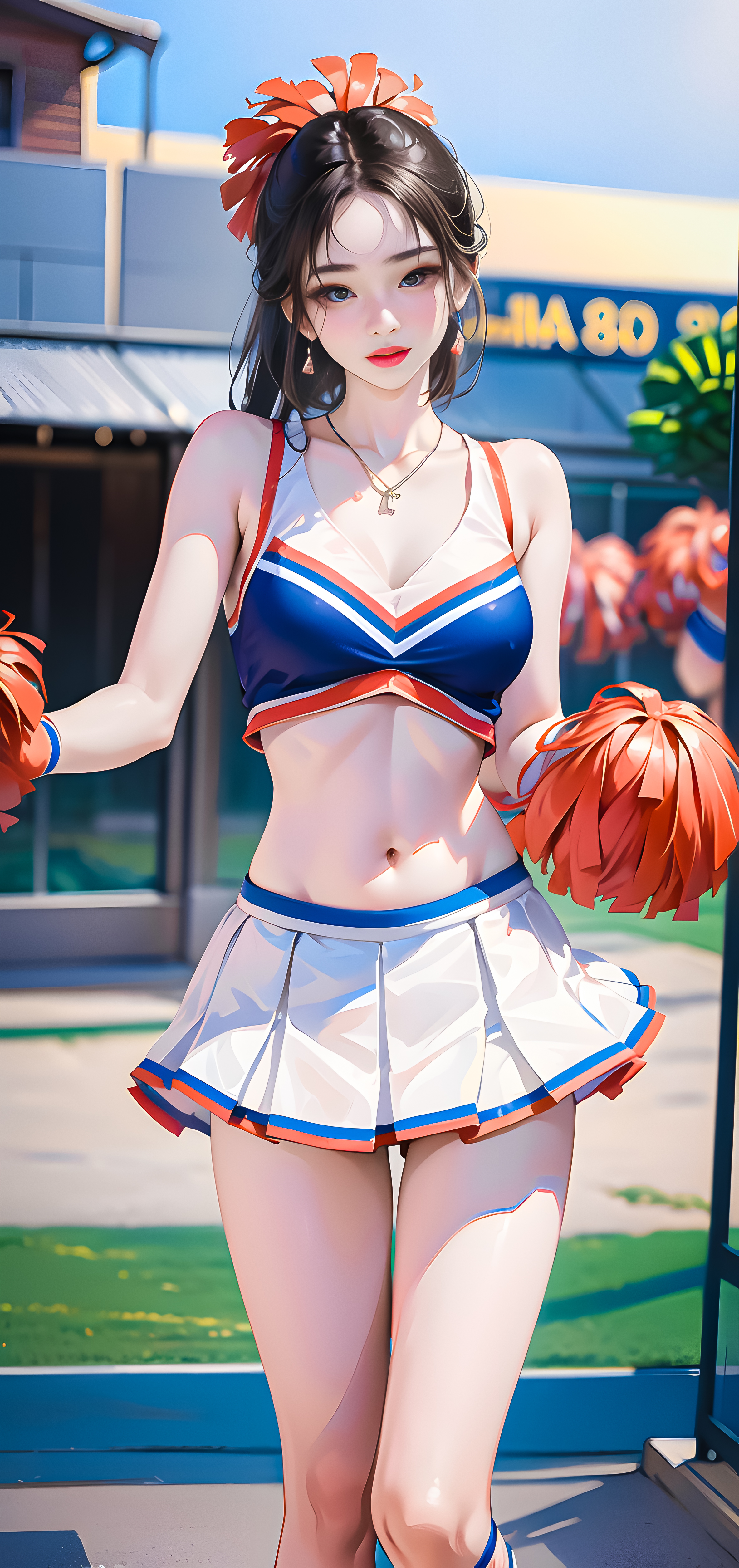 Anime 2368x5024 AI art women Asian cheerleaders cheerleader costume portrait display belly necklace looking at viewer legs thighs
