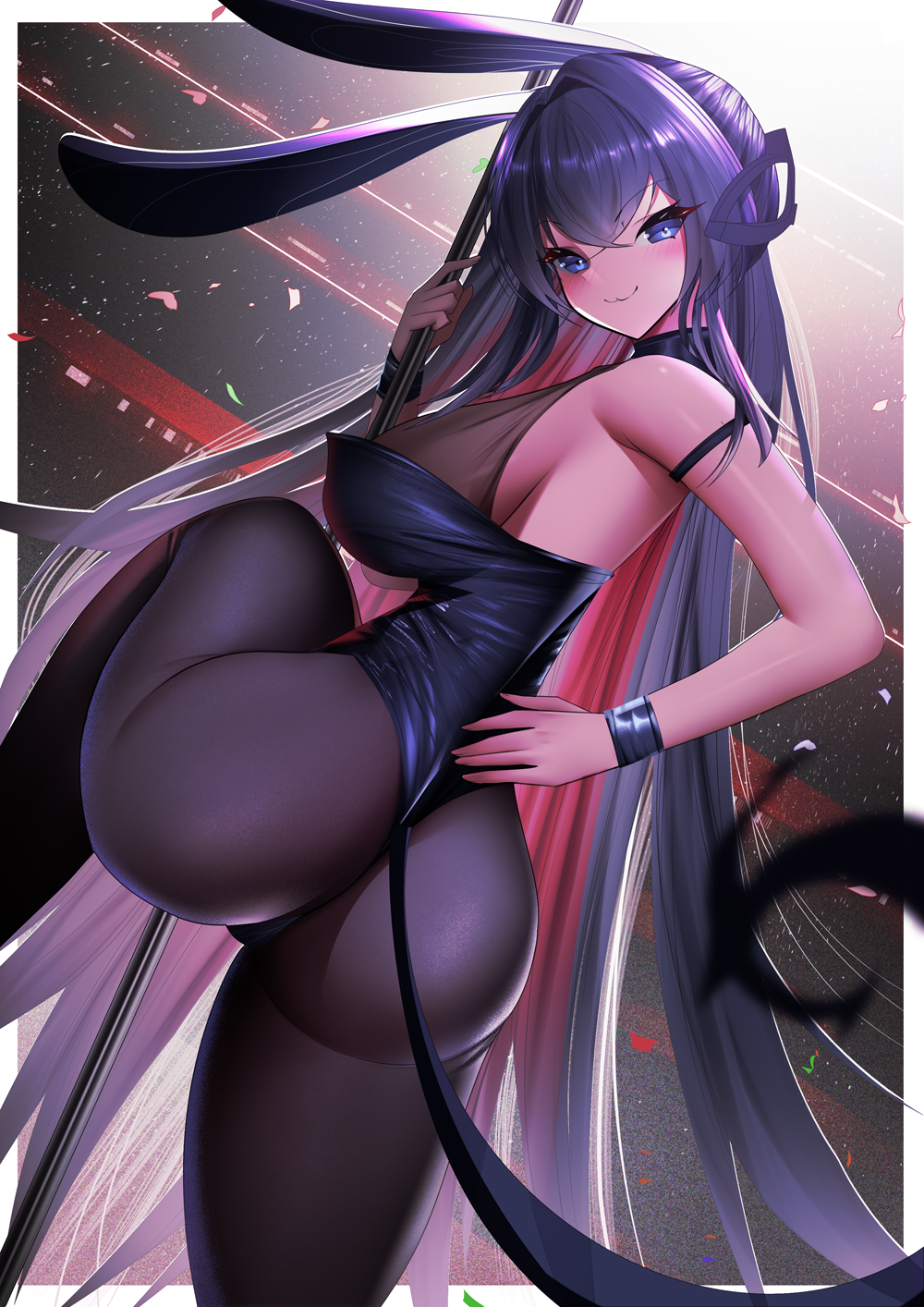 Anime 1000x1414 Gdat portrait display anime girls Azur Lane New Jersey (Azur Lane) ass looking at viewer leg up purple hair long hair two tone hair leotard blue leotard big boobs sideboob blushing bodystocking poles dancing poles bunny suit bunny girl blue eyes multi-colored hair back rear view bunny ears tail alternate costume bareback animal ears standing on one leg thighs looking back purple eyes smiling