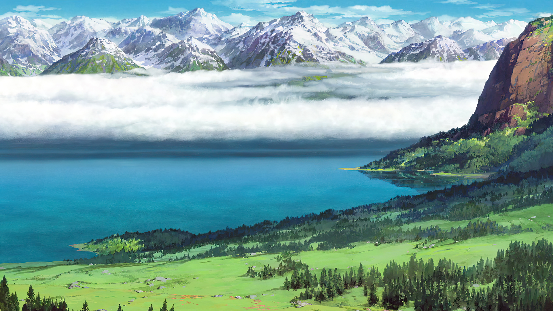 Anime 1920x1080 clouds mountains lake trees water snow