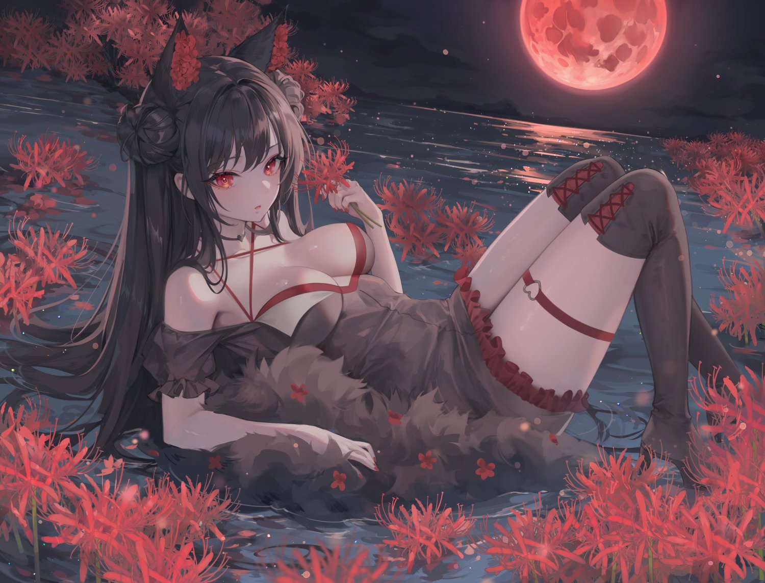 Anime 1500x1143 anime girls spider lilies red moon animal ears cleavage big boobs flowers stockings lying on back long hair looking at viewer Moon water